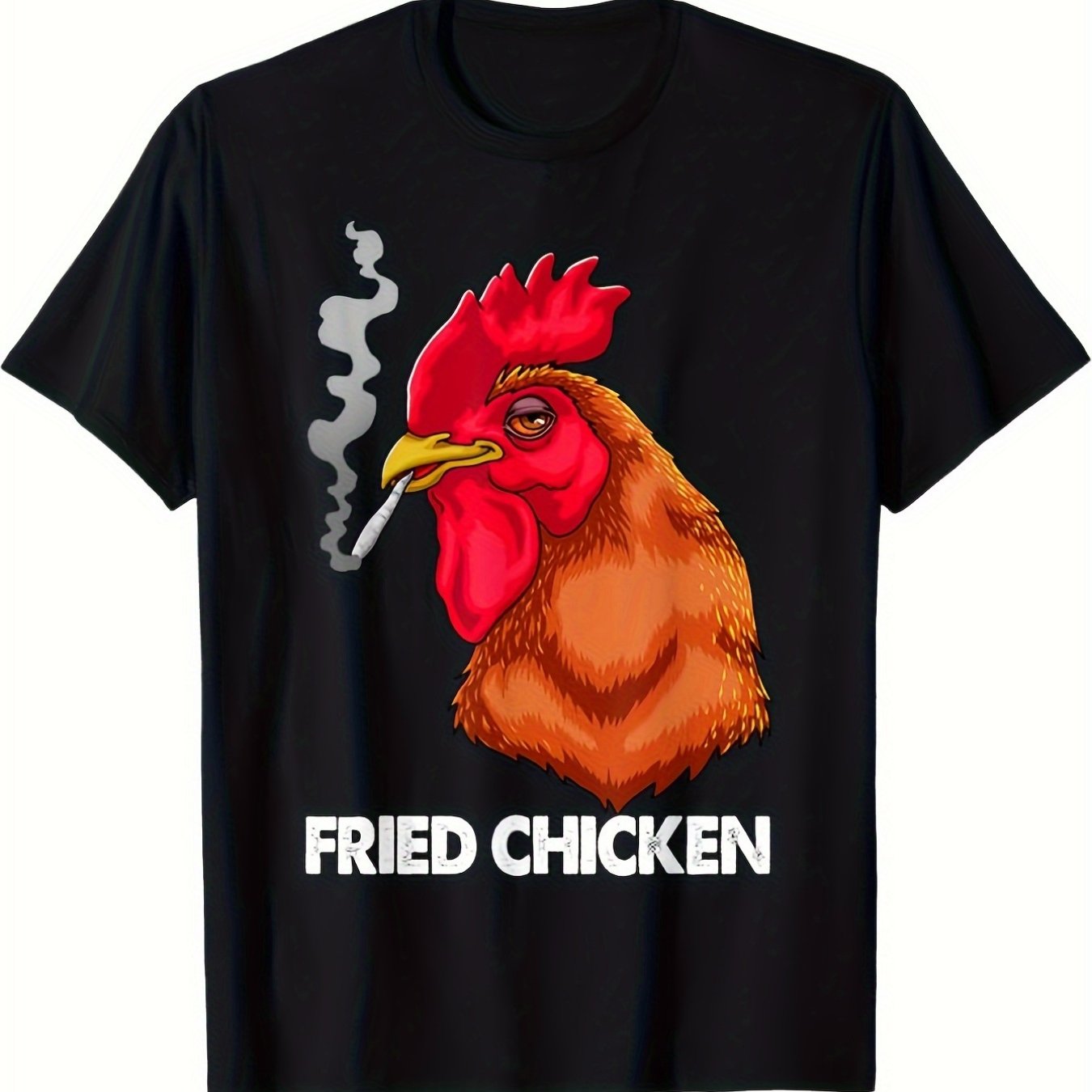 TEMU T-shirt Graphique Funky Fried Chicken – Noir à Manches Courtes et Col Ras du Cou avec Motif de Coq Original, Parfait pour Décontractées, Imprimé