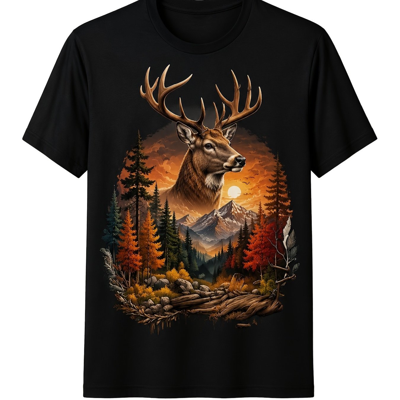 TEMU Men' Rustic Forest T Shirt Retro Round Neck With Sunset Graphic Suitable For Casual Wear Machine Washable Outdoor Apparel For And Everyday Use