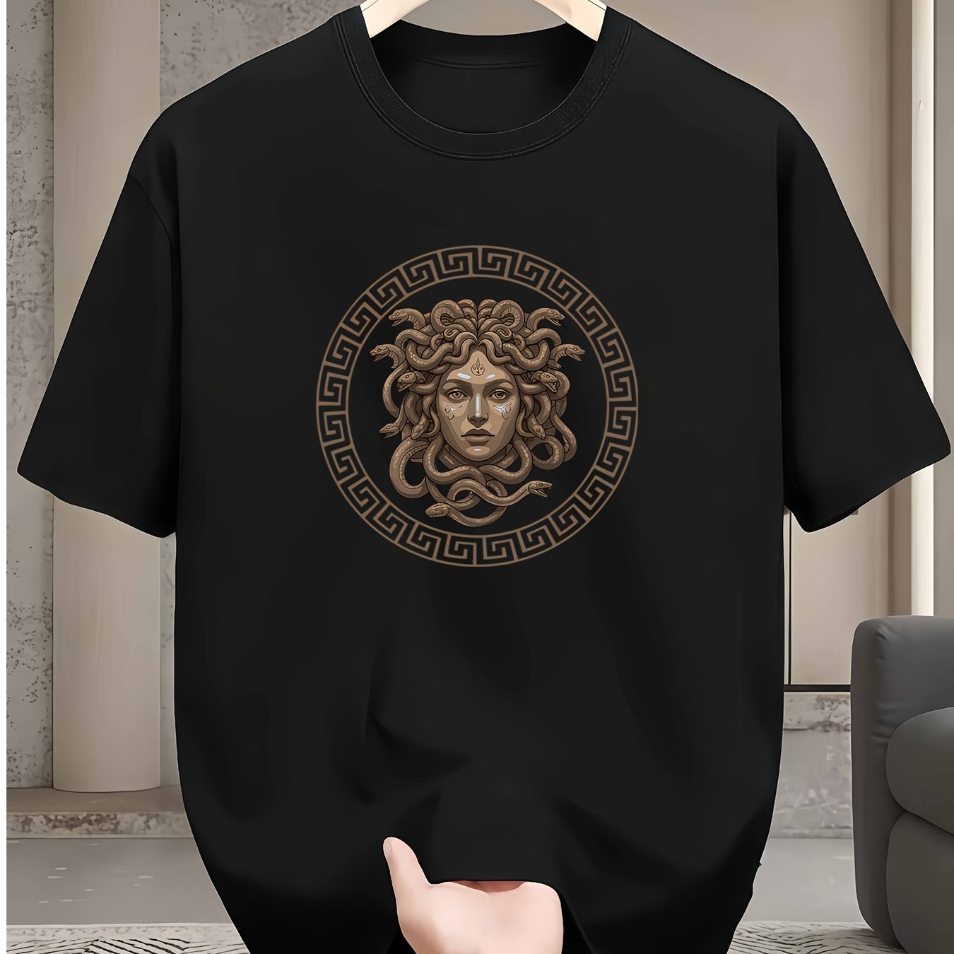 TEMU T-shirt décontracté et tendance pour homme avec motif de tête de et de frises grecques, mode masculine adulte, vêtement de tous