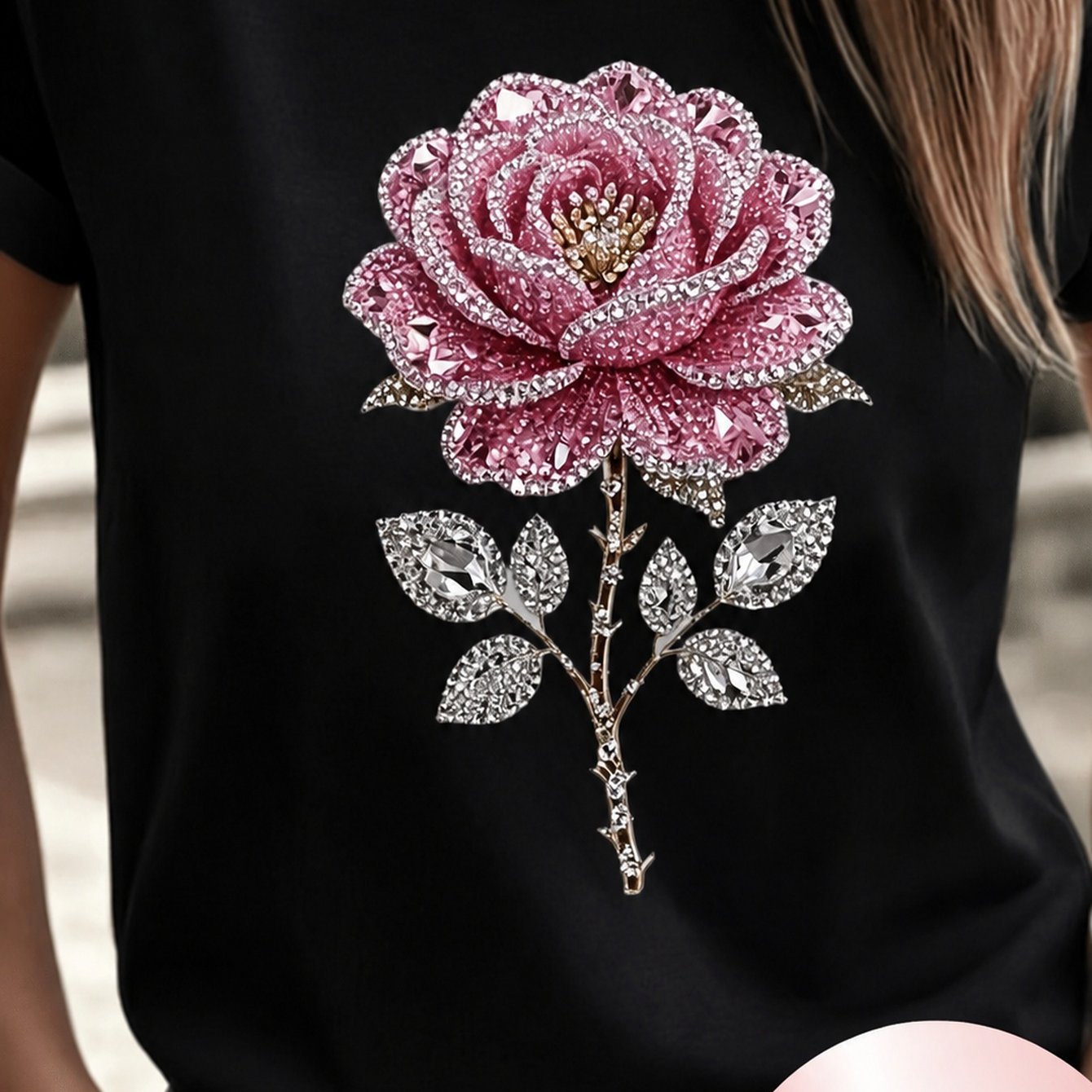 TEMU T-shirt à motif strass scintillants, cadeau pour les amateurs de fleurs, style décontracté de tous