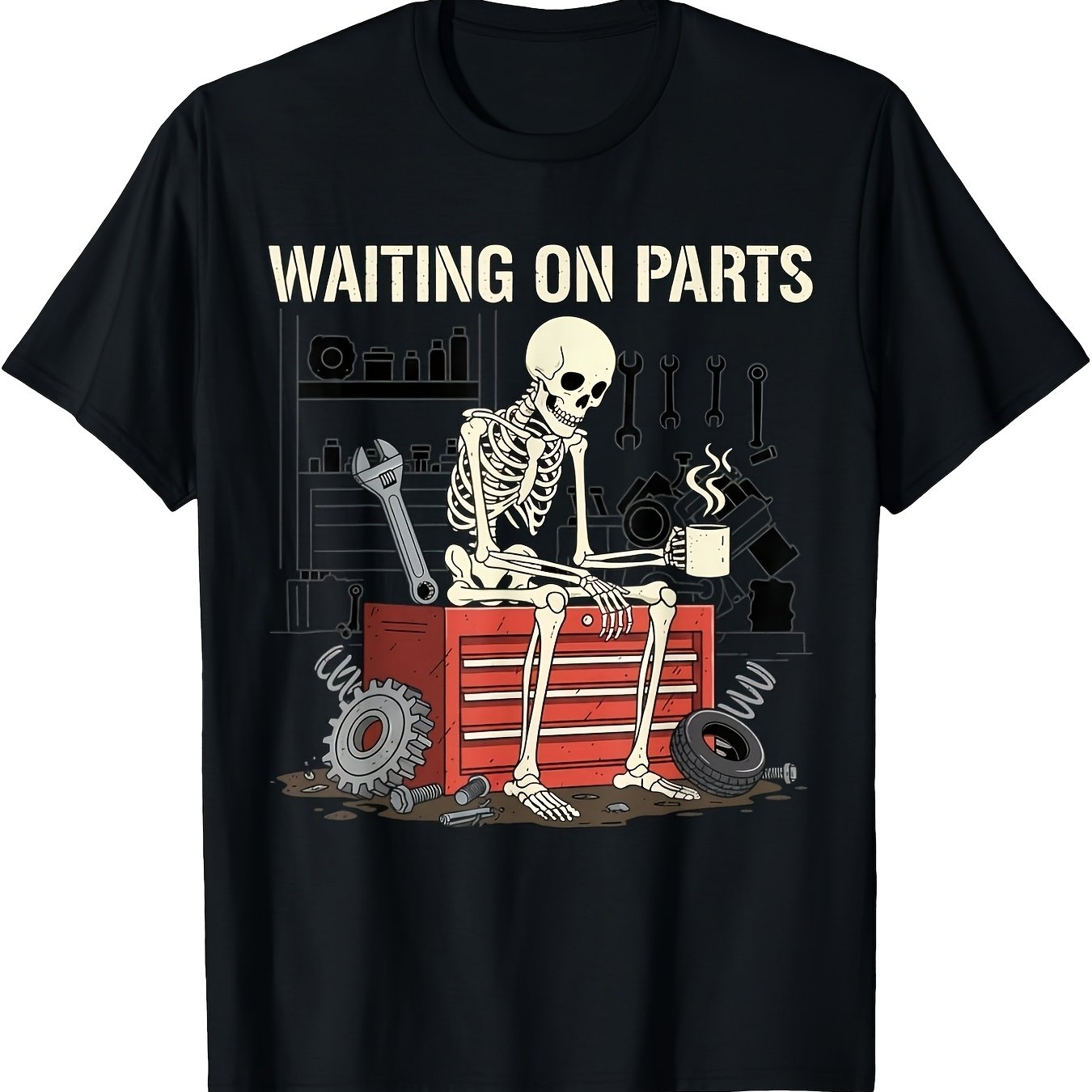 TEMU Waiting On Parts Funny Skeleton Technician T Shirt For Men Couple Trendy Tops Street Style Casual Summer Must Have Fashionable Men's Loose Funny