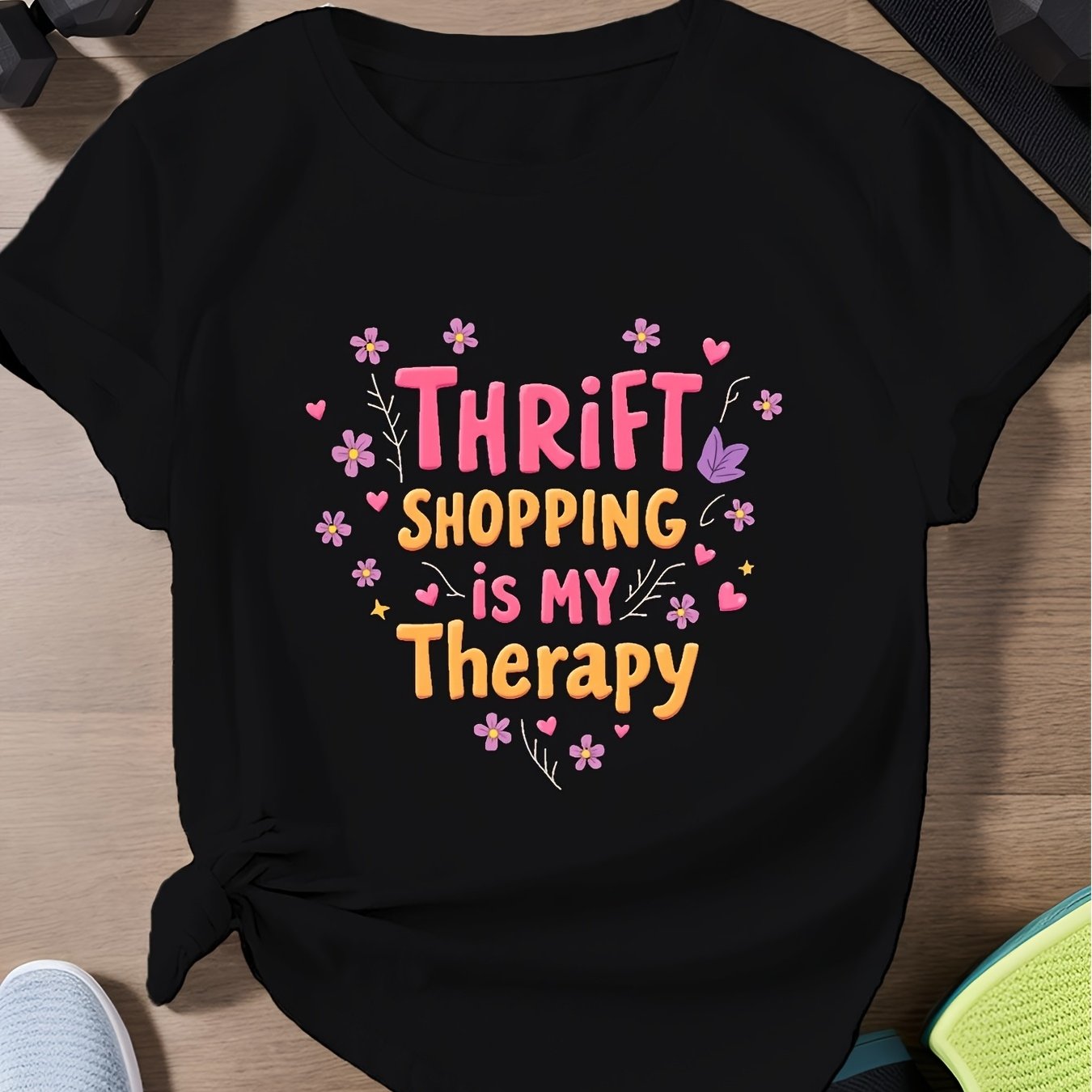 TEMU T-shirt pour femme grande taille « Le shopping caritatif est bohème » noir à manches courtes et col ras du cou avec imprimé floral coloré et de