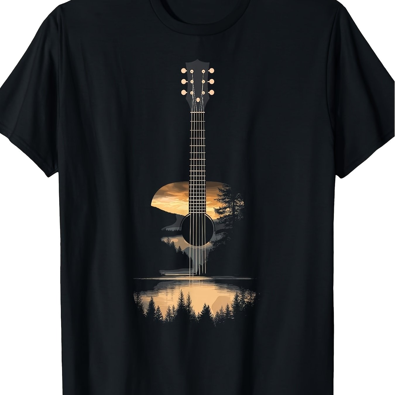 TEMU T-shirt Homme Vintage Musique Nature Graphique Guitare Acoustique Noire Design avec Impression de de Chansons Coupe Décontractée 100 Col Rond