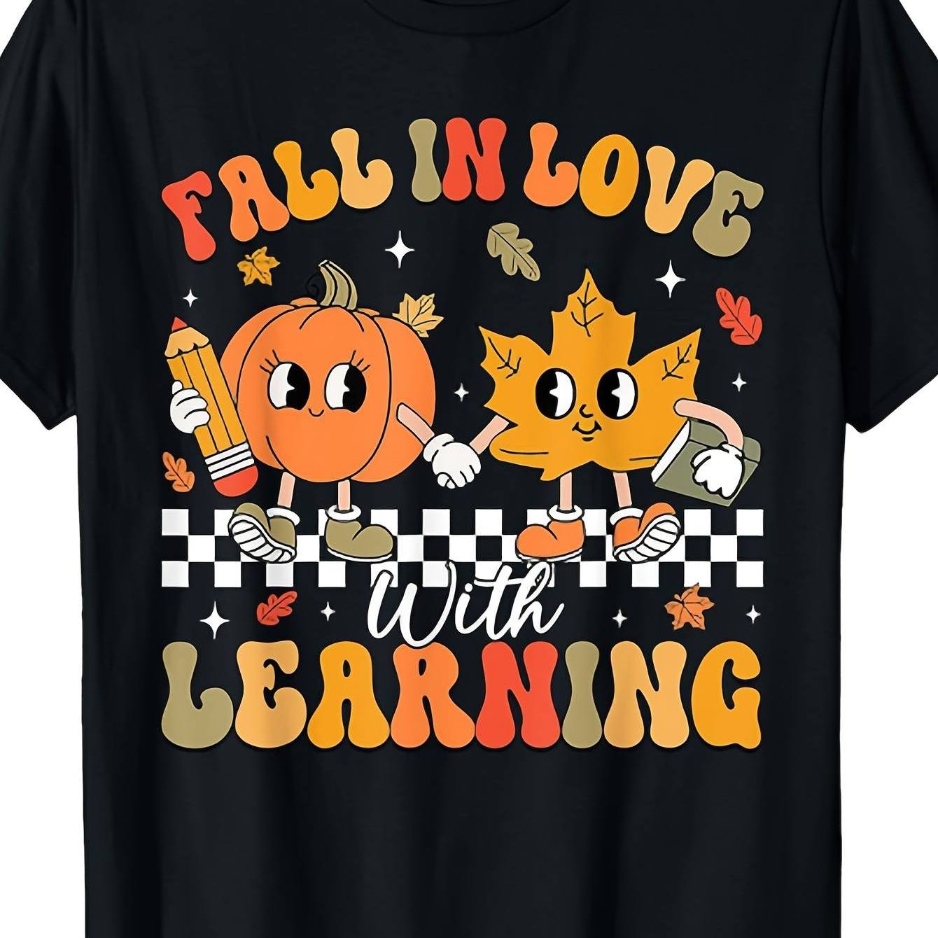 TEMU T-shirt Vintage de l'Apprentissage - Design de Citrouille et Feuille d'Érable Tenant , Associé aux de Crayon et de Livre, Haut Doux en Coton à