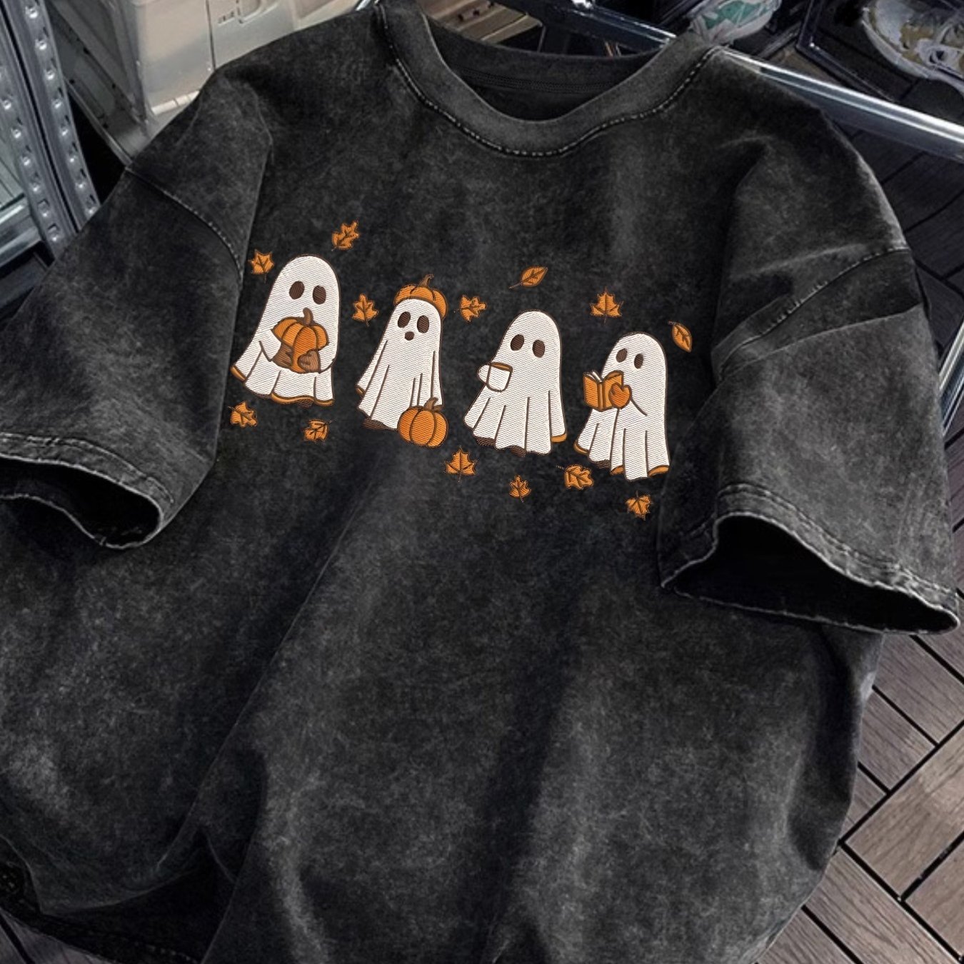 TEMU 100% Cotton, Washed T Shirt For Women Halloween Style Cute And Pumpkin Print On Dark Background Loose Casual Washable Summer Daily And Halloween