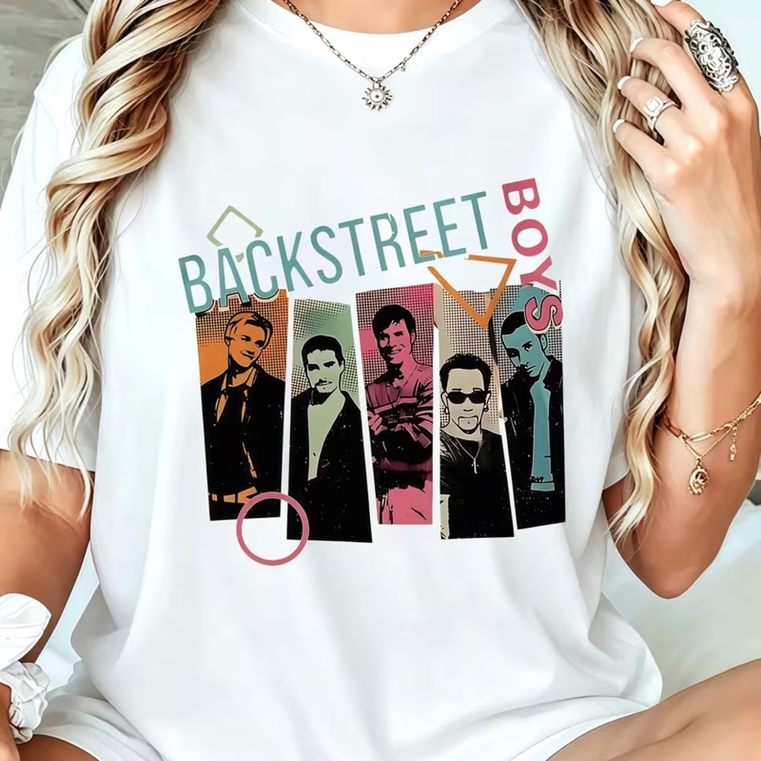 TEMU T-shirt à manches courtes et col rond rétro pour femmes, imprimé tendance sur le thème de la musique Backstreet, article de mode décontracté,
