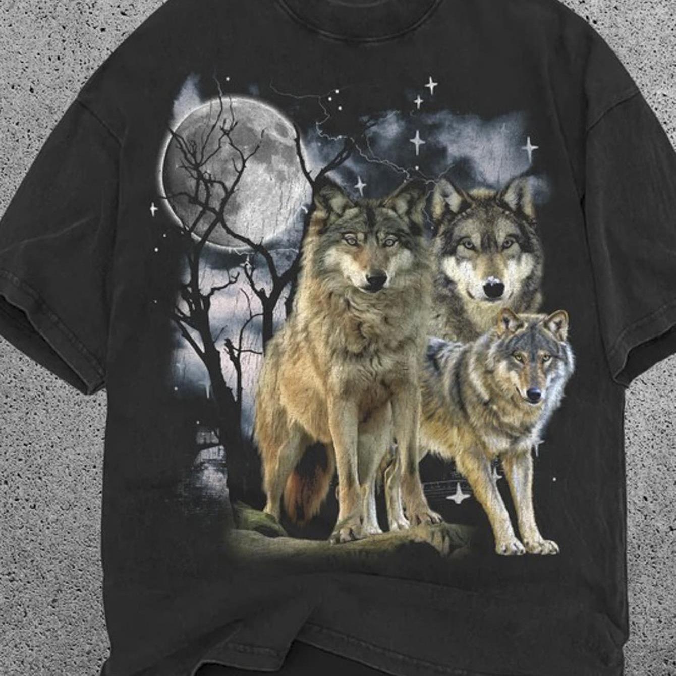 TEMU Unisex Casual Printed T-shirt ( Wolves ) – Black Short-sleeve Crew Neck Summer Essential, Outdoor Adventure Style, Relaxed Fit | Wolf Graphic