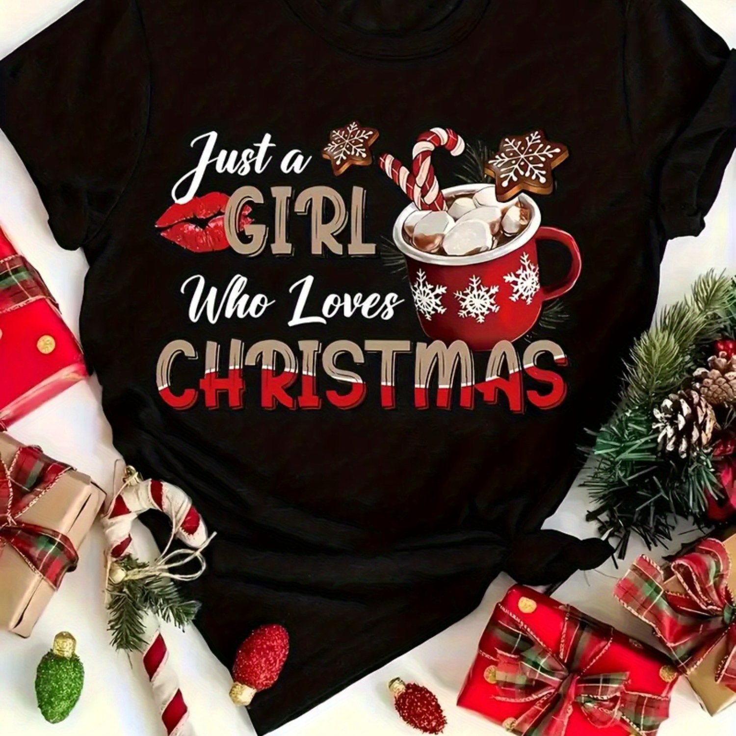 TEMU T-shirt imprimé Esprit de Noël ( Who Christmas) – Noir, manches courtes, col rond, style de fête, décontracté, coupe décontractée | T-shirt de