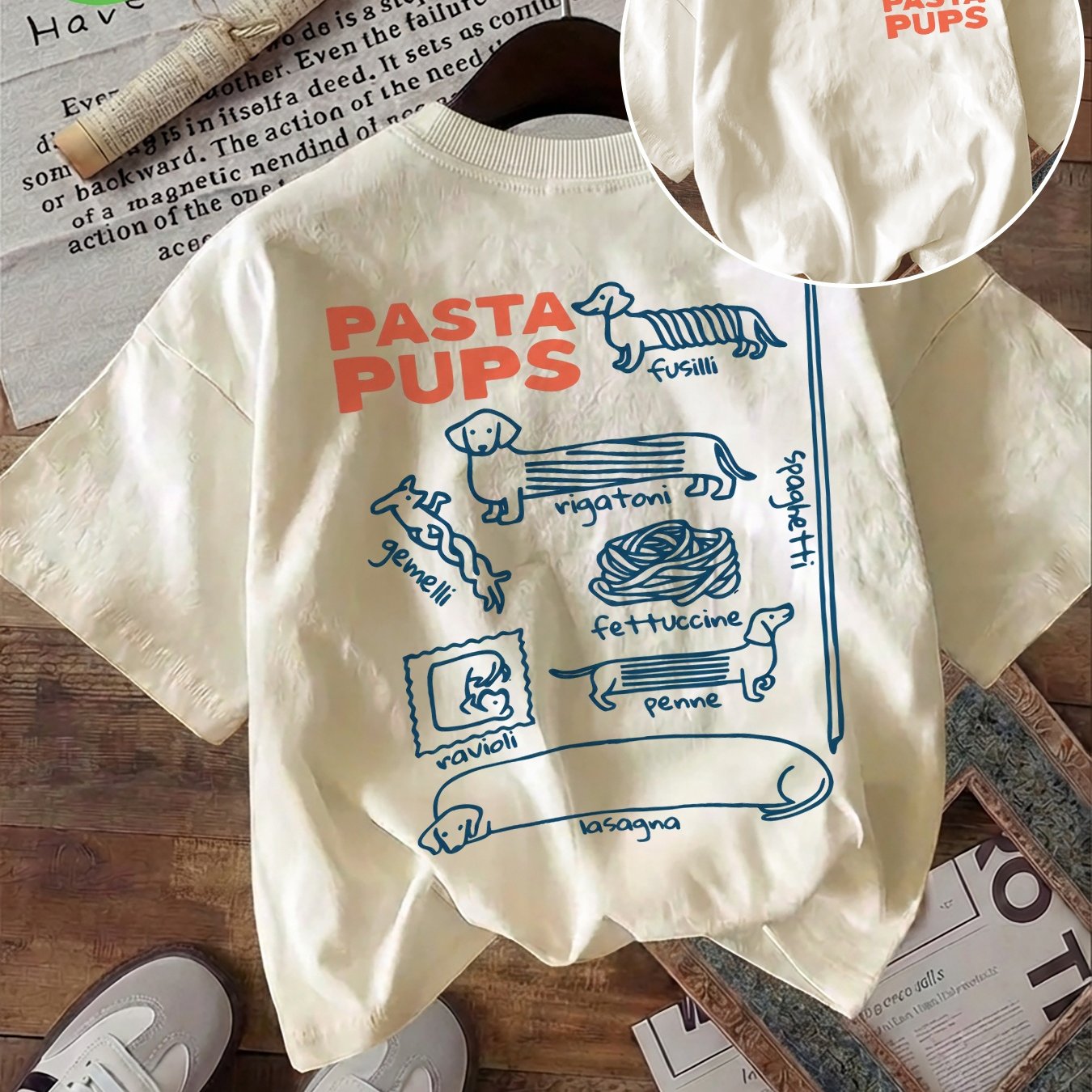 TEMU T-shirt graphique "Pasta Pups" Dachshund, haut décontracté pour tous , cadeau pour de la pâtes et des chiens
