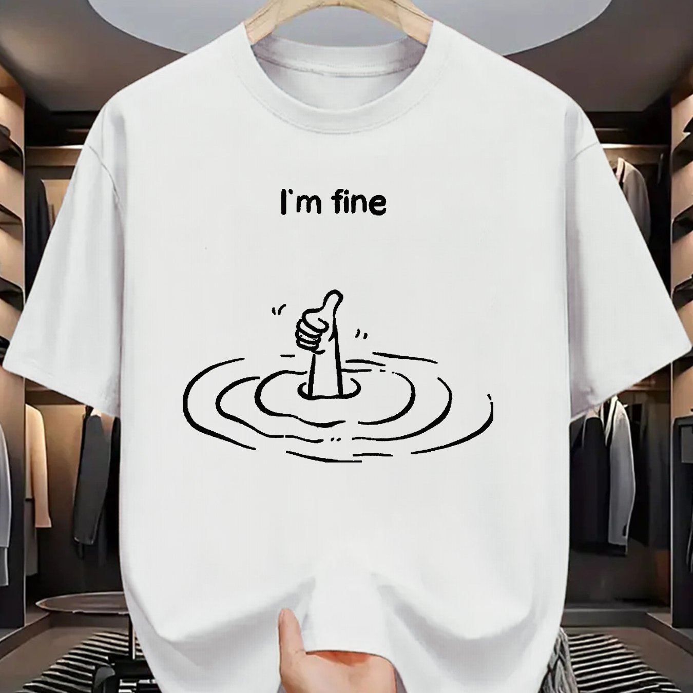 TEMU T-shirt humoristique graphique (Je vais bien avec pouce levé et effet d'ondulation) – Blanc, manches courtes, col ras du cou, style décontracté,
