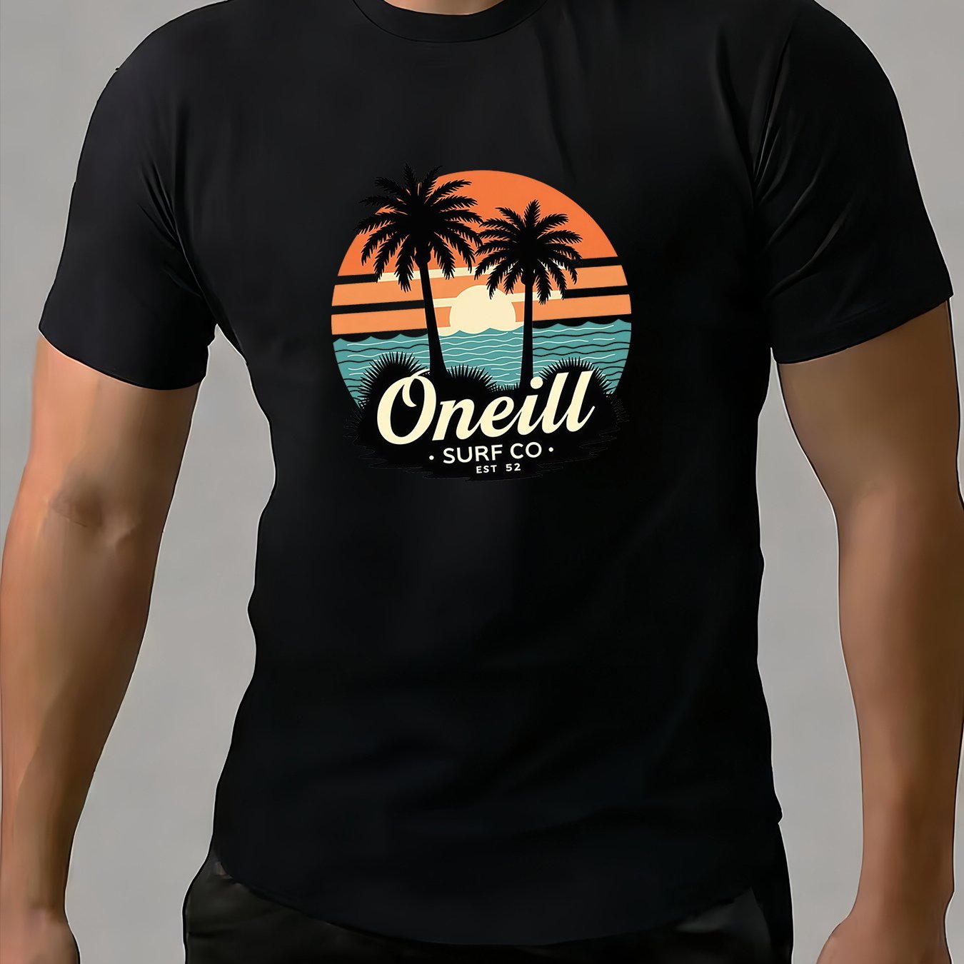 TEMU Unisex Casual Printed T-shirt ( And Palm Trees) – Black Short-sleeve Crew Neck Summer Style, Beach Vibe Essential, Relaxed Fit | Summer Graphic