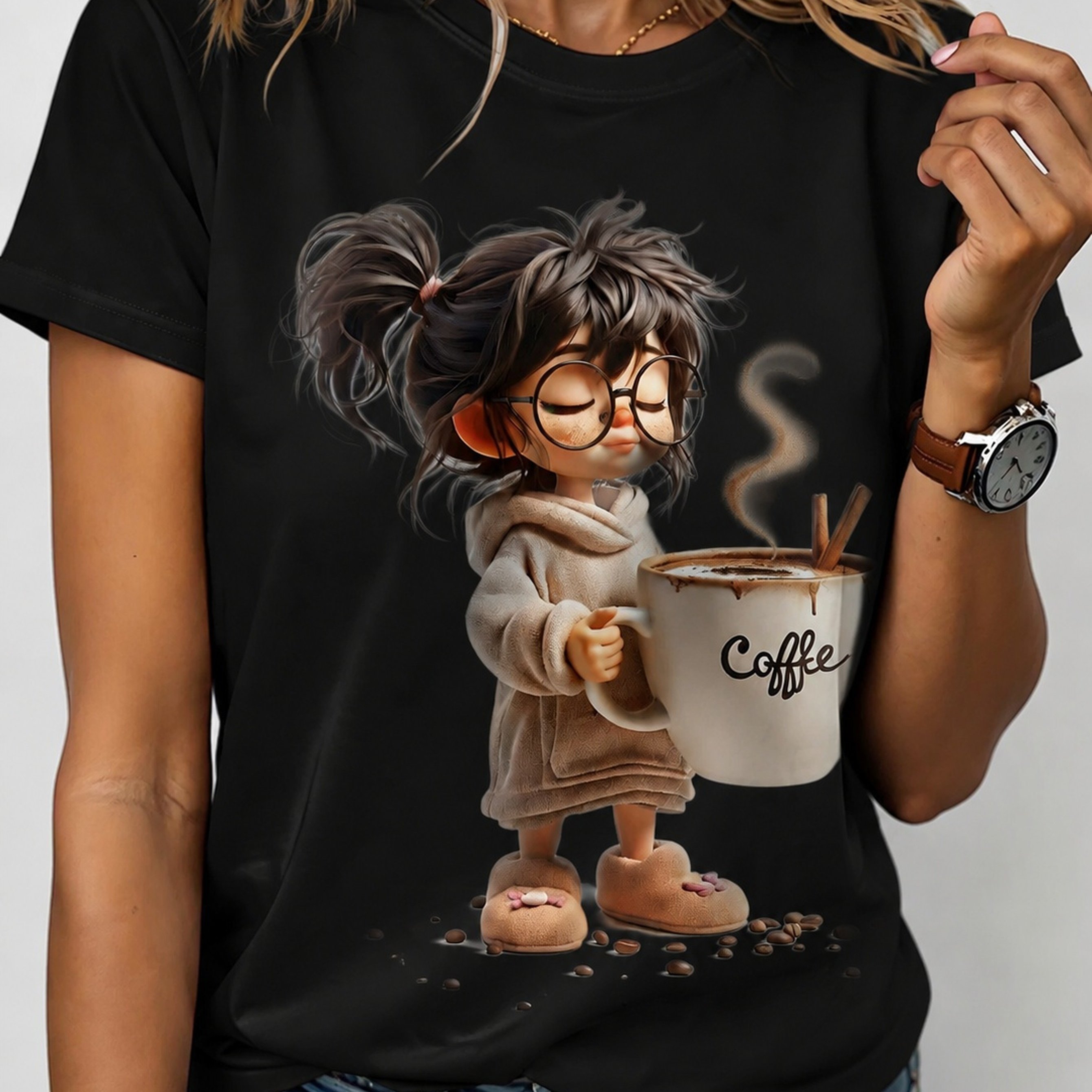 TEMU T-shirt cadeau avec motif graphique de fille de dessin animé mignonne tenant un café pour du café
