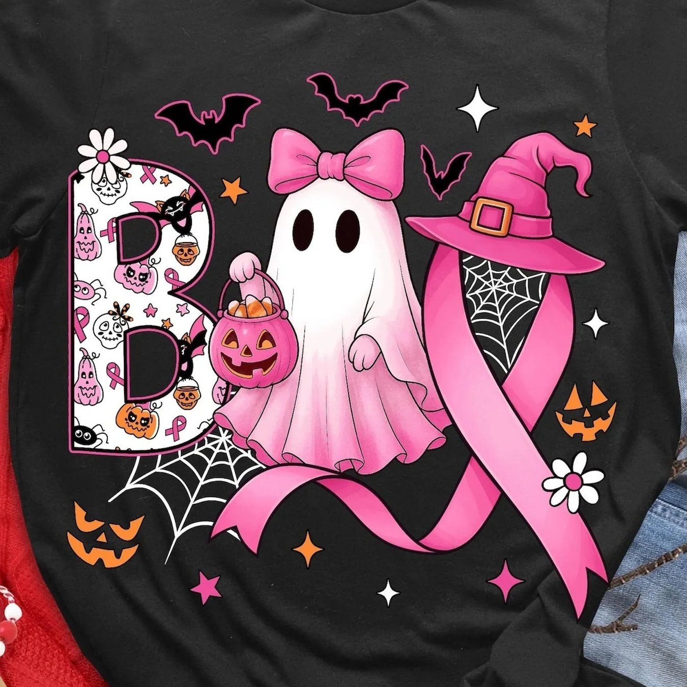 TEMU T-shirt d'Halloween avec pour la sensibilisation au cancer du sein, motif imprimé , chapeau de sorcière, citrouille et chauve-souris, manches