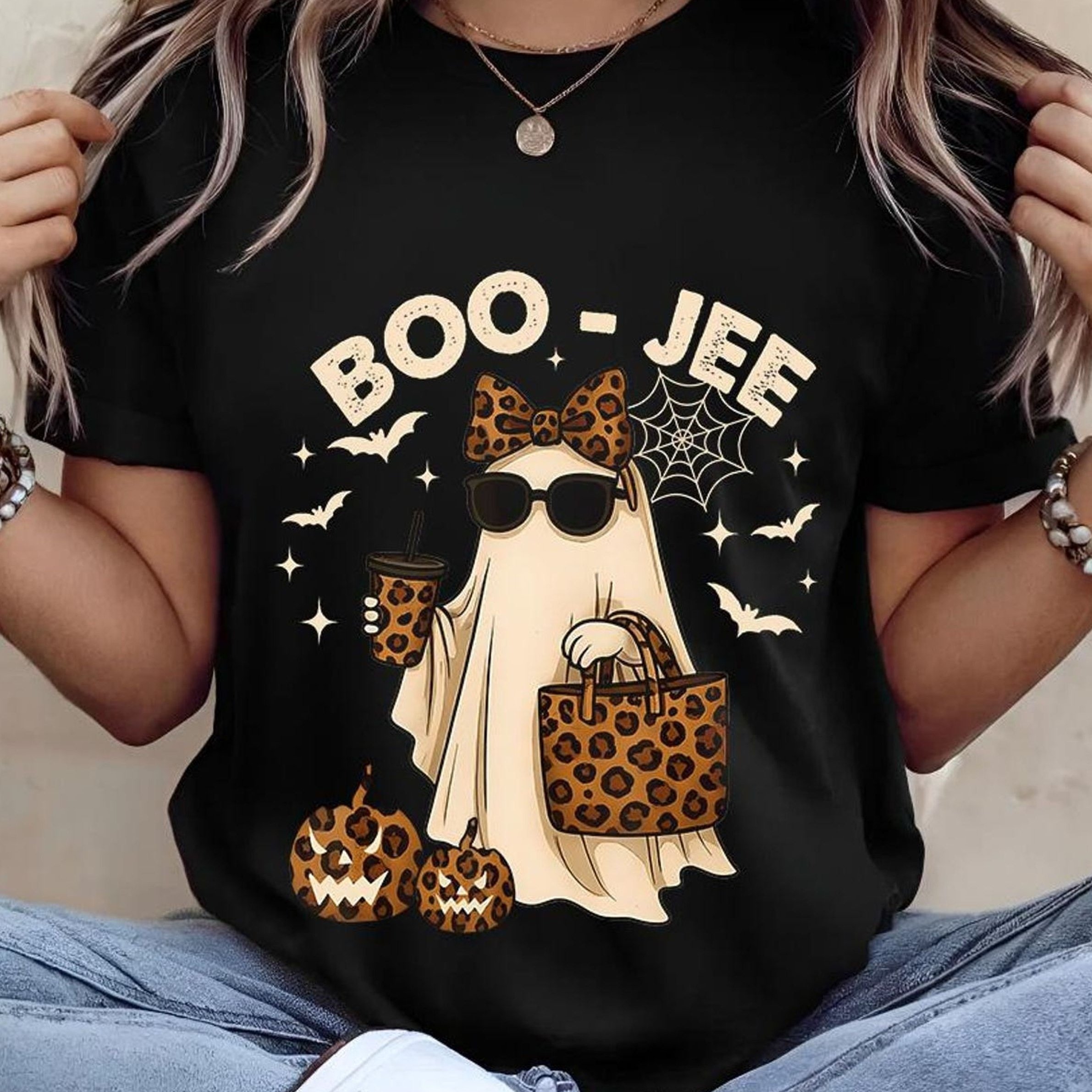 TEMU T-shirt Boo-Jee avec Graphique de Léopard pour Amateurs d'Halloween, Tenue Décontractée de Tous