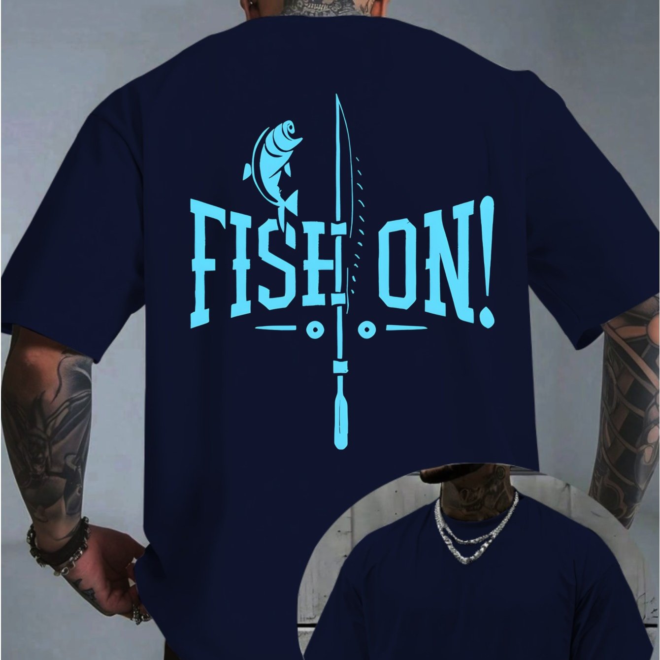 TEMU T-shirt d' unisexe (Motif poisson avec couteau de pêche) – T-shirt d'été bleu marine à manches courtes et col rond, décontracté, coupe