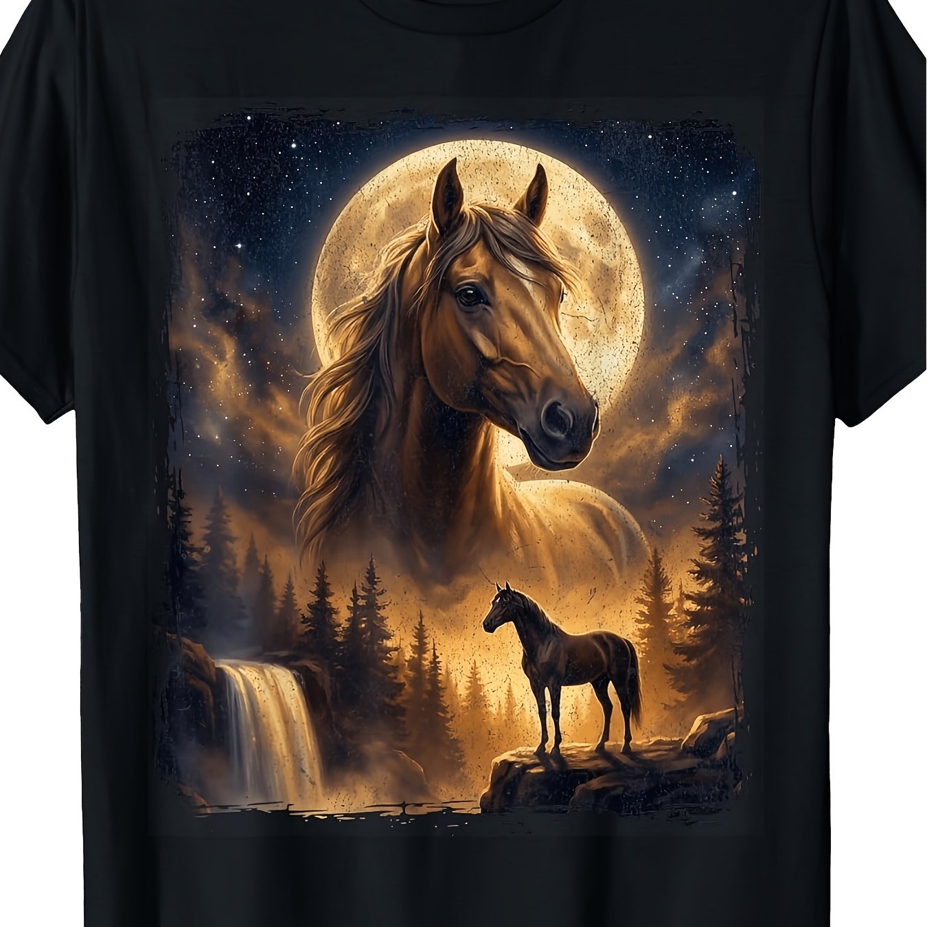 TEMU T-shirt Homme Femme Esprit de Cheval Mystique Animal Imprimé Graphique Cheval Lune Pleine Rétro Col Rond Lavable en Machine Décontracté Adapté