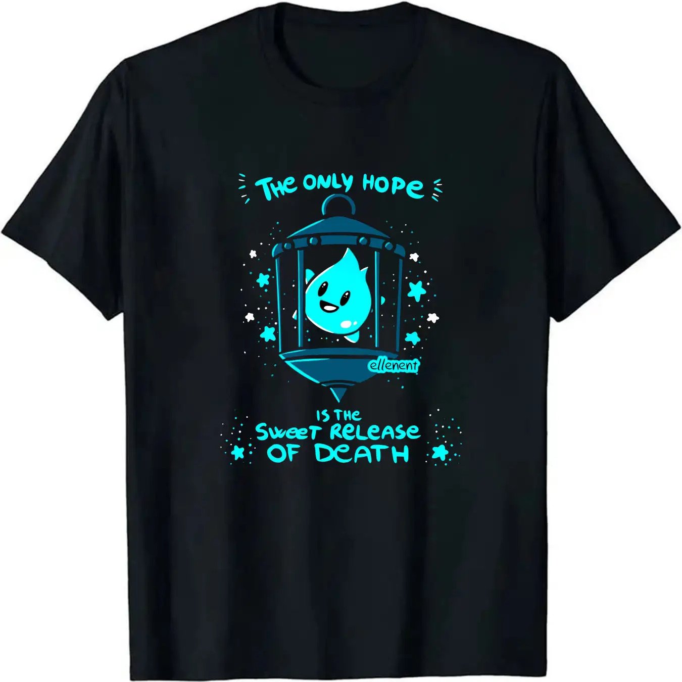 TEMU Unisex Graphic Print T-shirt ( Drop Character With Lantern) – Black Short-sleeve Crew Neck Summer Essential, Relaxed Fit, Casual Vibes | Quirky