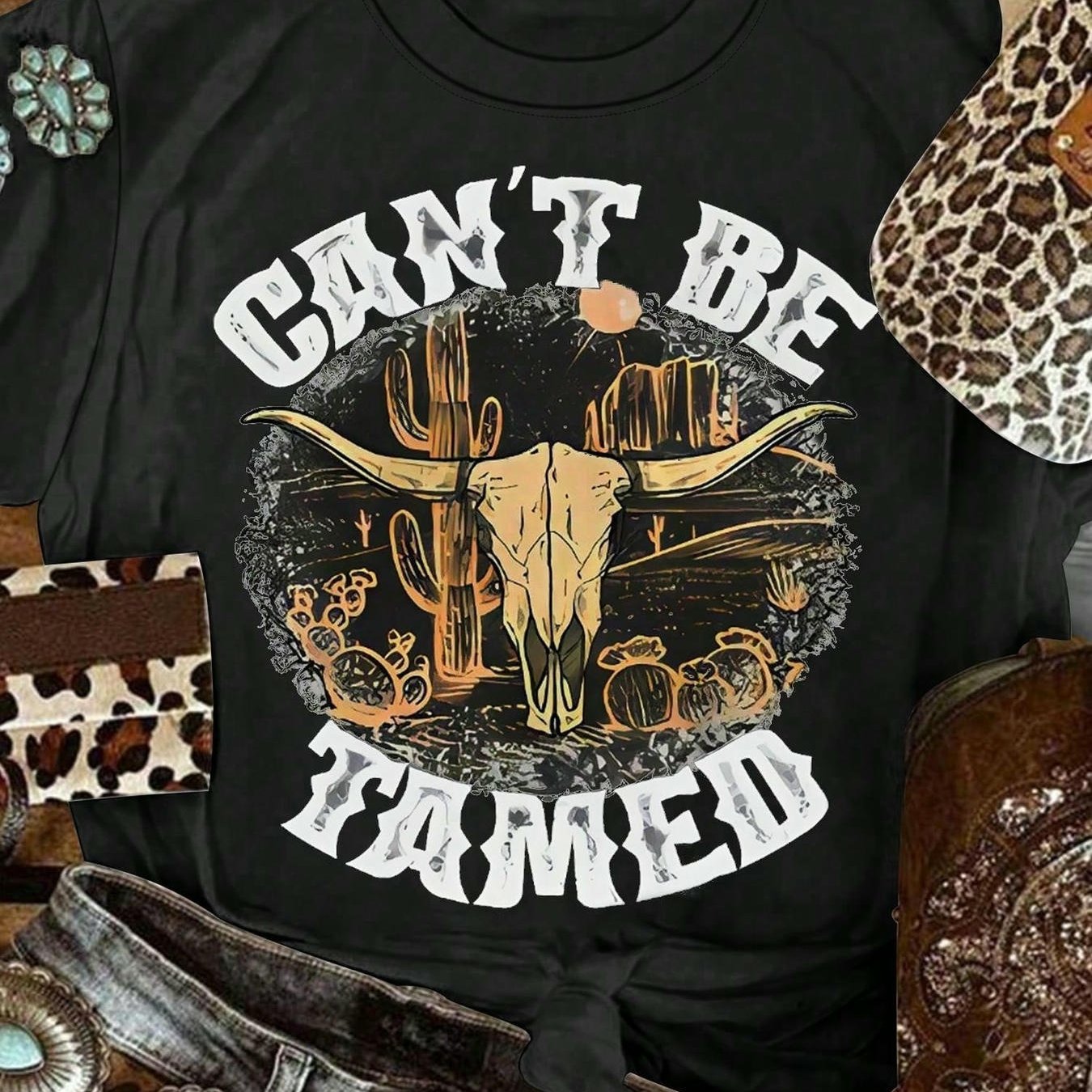 TEMU T-shirt avec motif de crâne de du désert " Be Tamed" pour les amateurs de style western