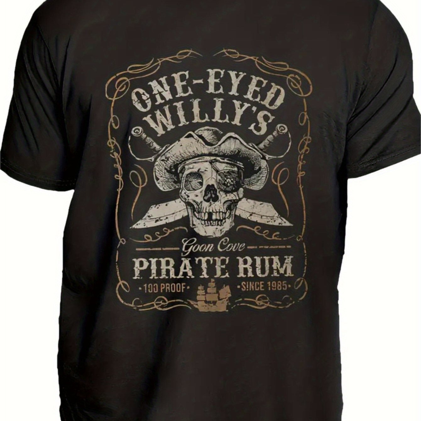 TEMU Unisex Casual Printed T-shirt (pirate Skull And Design) – Black Short-sleeve Crew Neck Summer Style, Nautical Essential, Relaxed Fit | Pirate