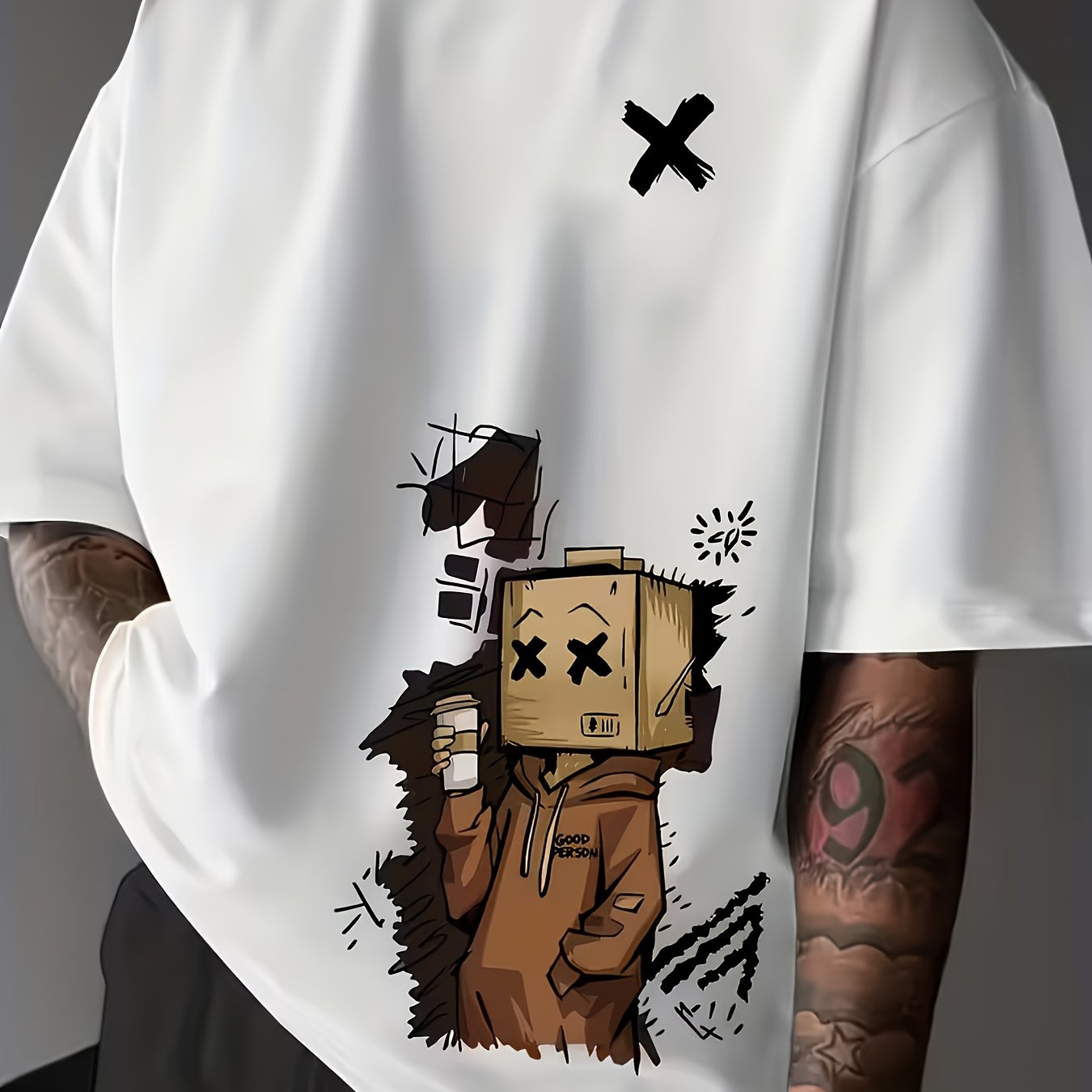 TEMU Unisex Casual Graphic T-shirt ( With Coffee And Urban Elements) – White Oversized Short-sleeve Style, Trendy Essential, Relaxed Fit | T-shirt |