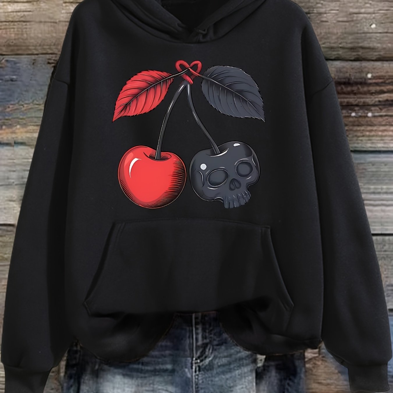 TEMU Sweat à capuche pour femme avec imprimé et cerises, motif gothique de cerises rouges et noires, décontracté, , alternatif, confortable, sweat à