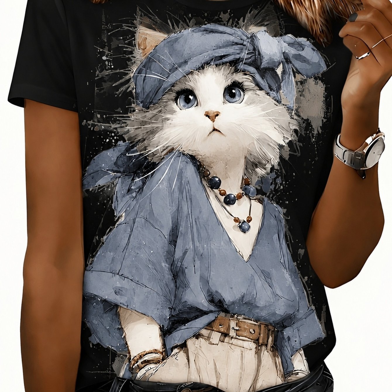 TEMU T-shirt élégant et fantaisiste avec motif de chat pour des chats, tenue décontractée de tous