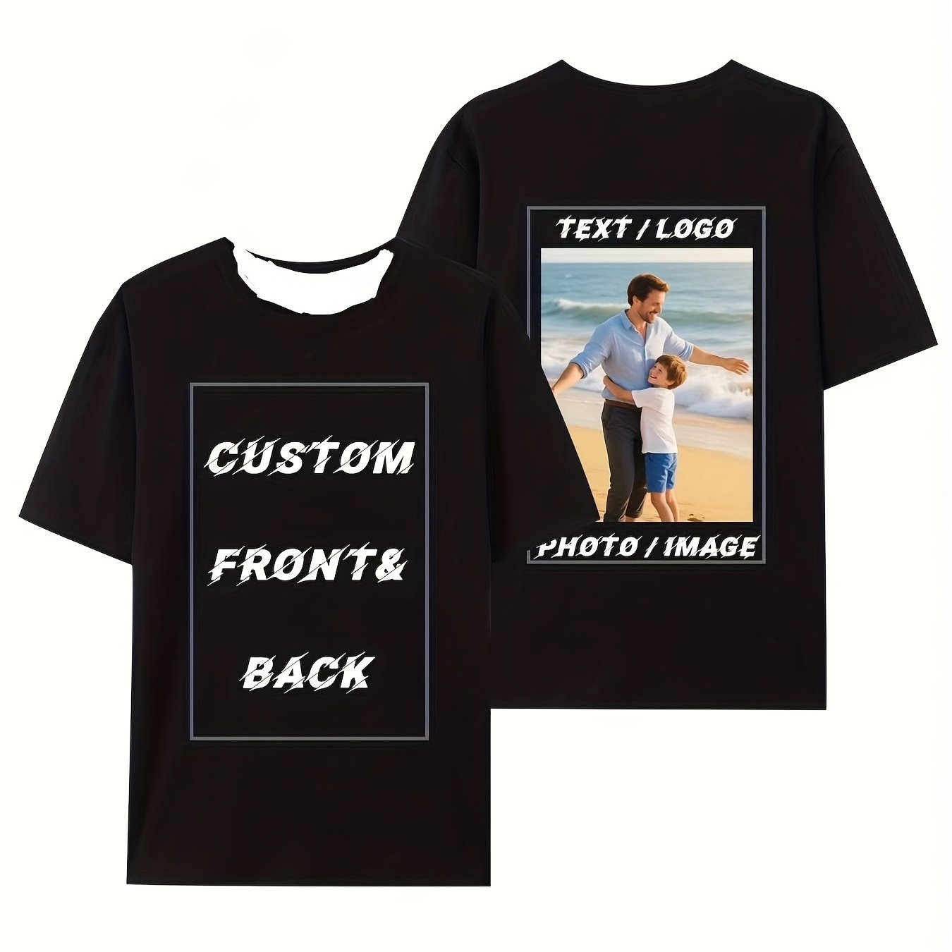 TEMU Custom T-shirt, Versatile Black Short-sleeve, Personalized Front And , Ideal For Family Memories, Customizable Text And Photo Areas, Perfect For