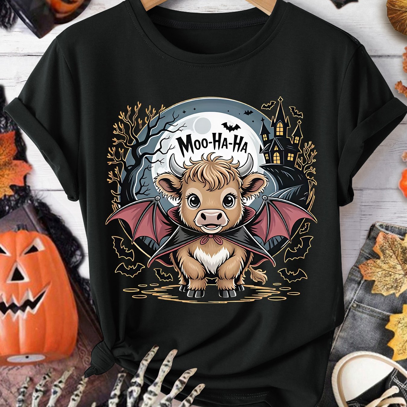 TEMU [halloween ] Women's Party Gift Moo Text Vampire Highland Cow Castle Bat Full Print Round Neck Short Sleeve T Shirt Dark All Season Versatile