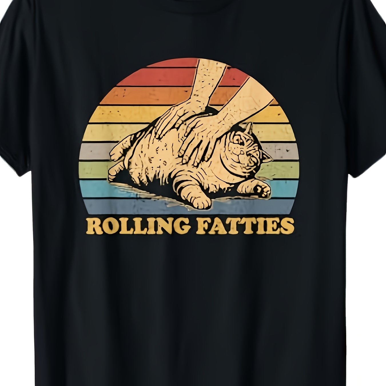 TEMU T-shirt pour homme « Cat Rolling » - Chat animal de dessin animé noir amusant pour adultes - T-shirt décontracté à col ras du cou, légèrement