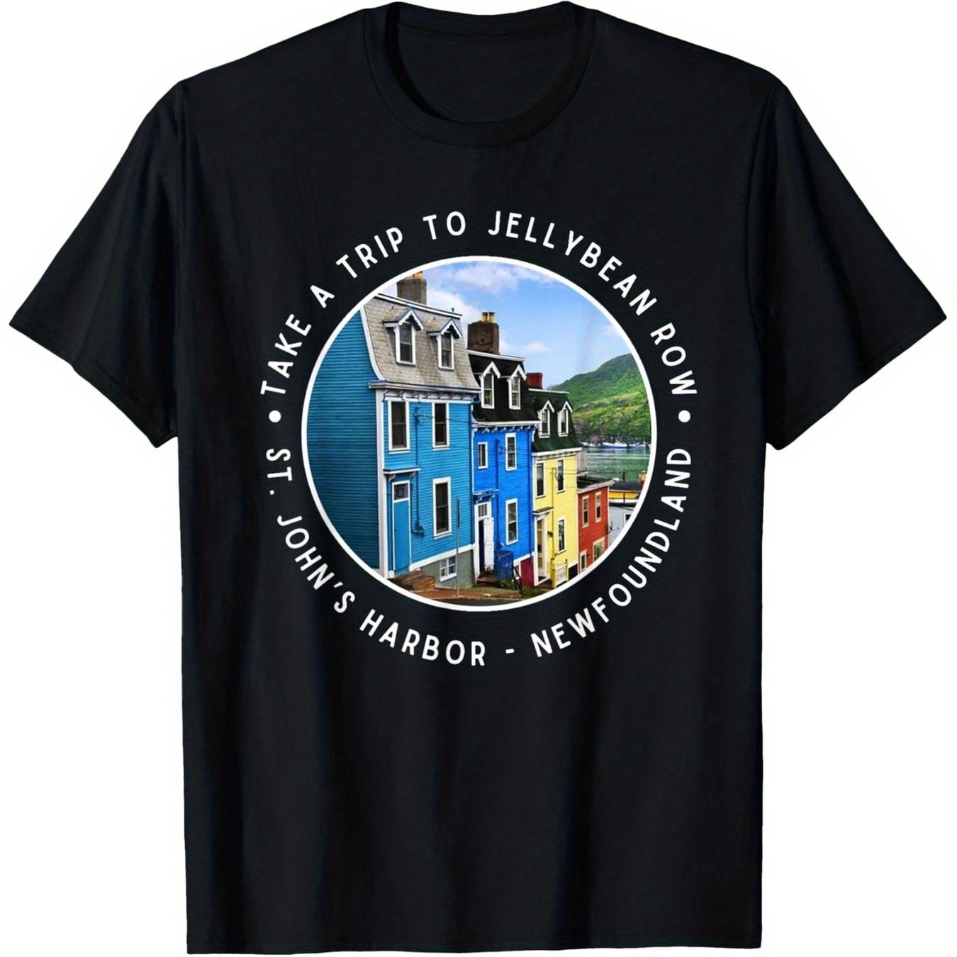 TEMU T-shirt humoristique "Faites un voyage à Row, port de , " - Coupe ample décontractée sm avec motif de maisons colorées et de phare, unisexe, col