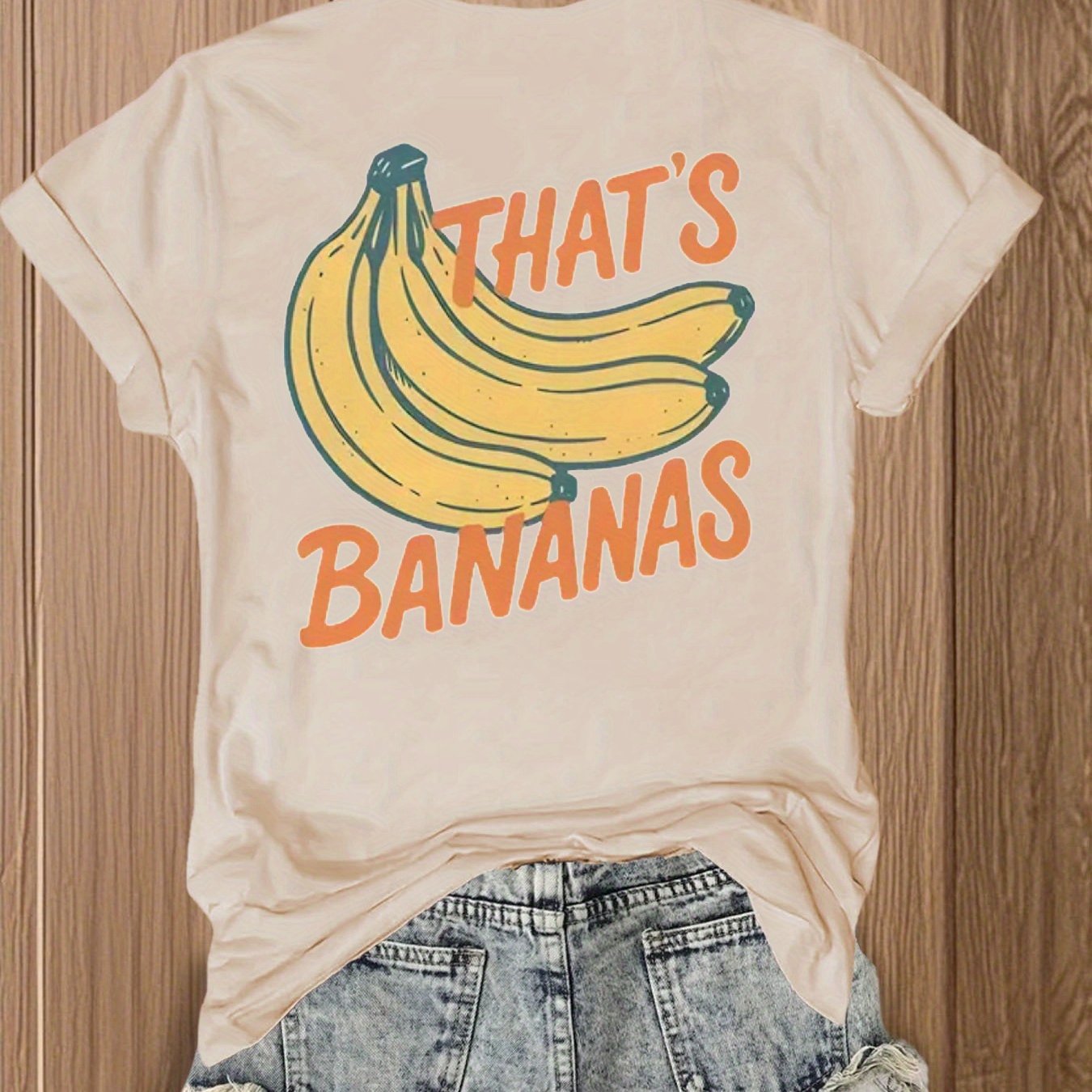 TEMU T-shirt à imprimé banane ludique – Style d'été à manches courtes et col rond, couleur pêche clair, et amusant, coupe décontractée | T-shirt