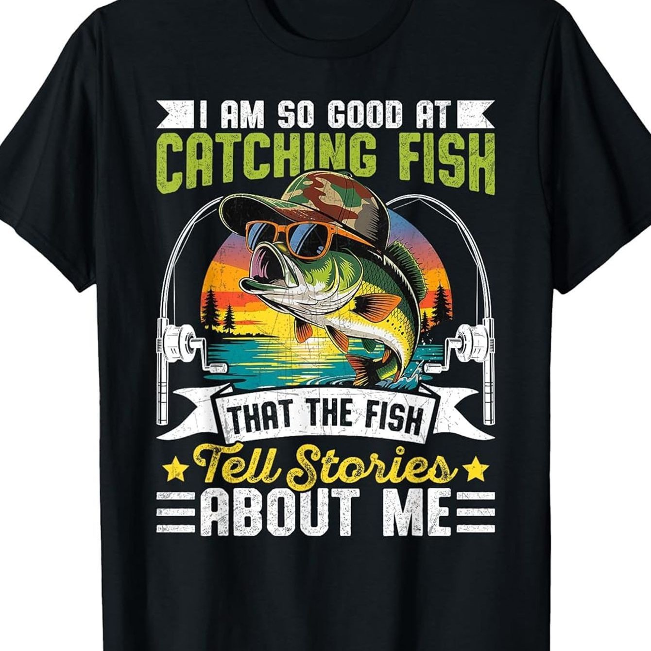 TEMU T-shirt Graphique – Motif de Pêche Original avec un Poisson Tendance à Lunettes de Soleil et Vintage, Noir à Manches Courtes et Col Ras du Cou