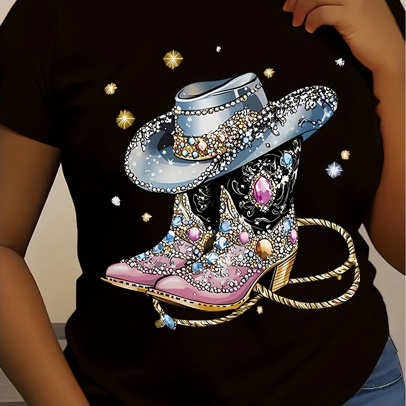 TEMU T-shirt de style western (Chapeau de cowboy et bottes à paillettes) – Noir, manches courtes, col ras du cou, d'été, pièce de mode unique, coupe