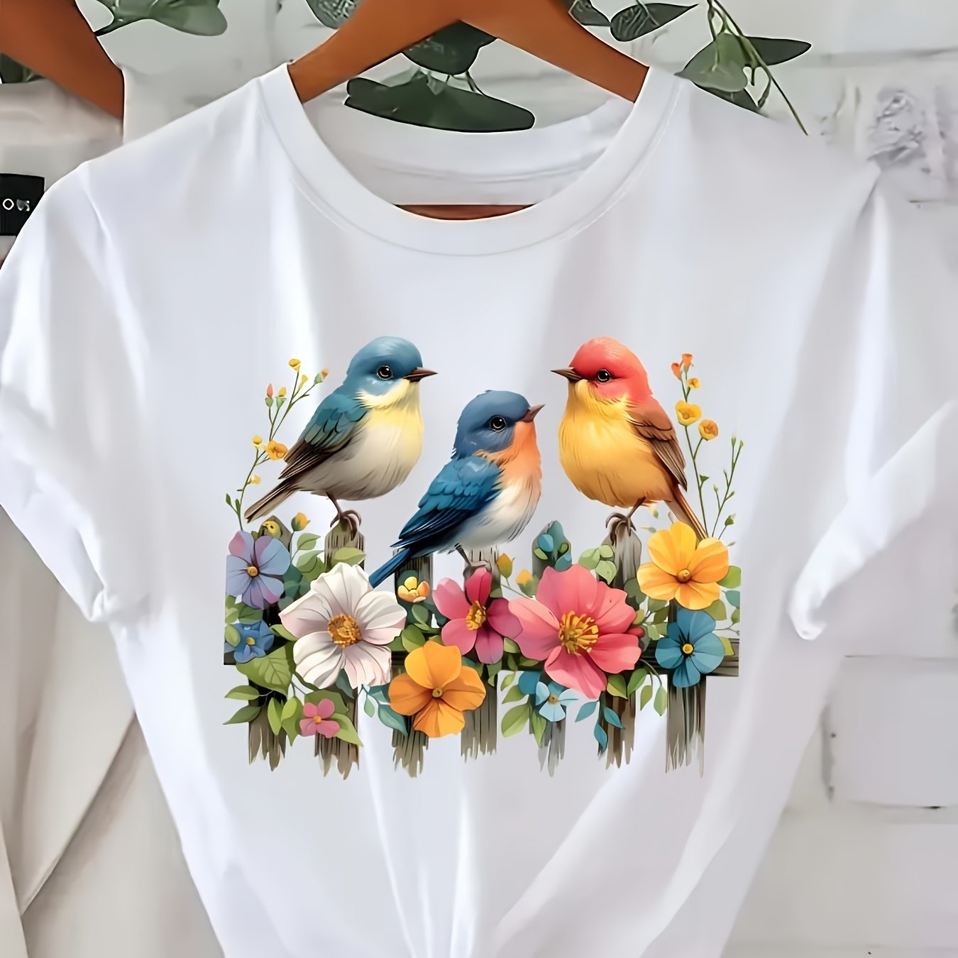 TEMU T-shirt d'inspiration naturelle (oiseaux colorés et motif floral) – T-shirt décontracté blanc à manches courtes, parfait pour d'été et | T-shirt