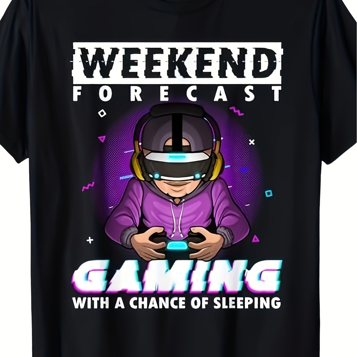TEMU T-shirt graphique de gaming pour homme « Weekend Forecast » avec texte gaming et motif de , noir avec des touches de violet fluo et de bleu,