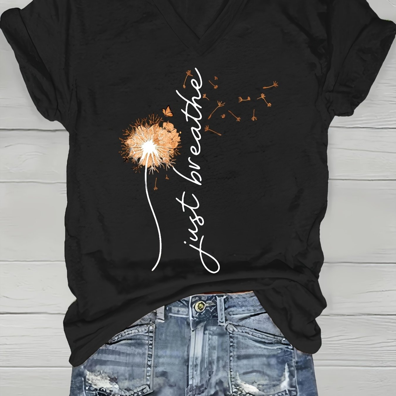 TEMU -shirt décontracté imprimé à col en V, ample et à manches courtes pour et l'été, T-shirt de base polyvalent pour tous , motif géométrique, coupe