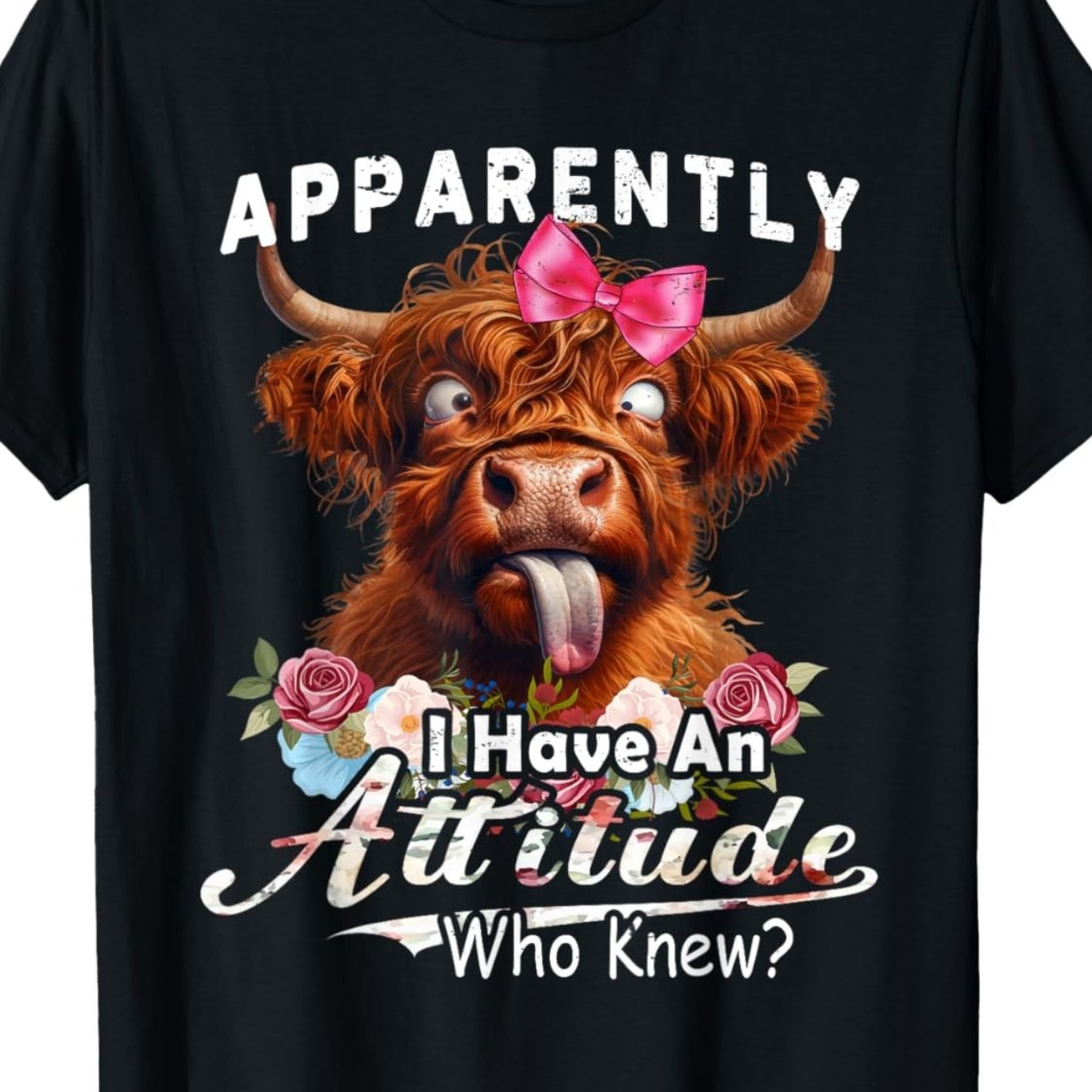 TEMU T-shirt Vache Highland et Effrontée – Style d'Été Fantaisiste Noir à Manches Courtes et Col Ras du Cou, Pièce Amusante, Coupe Décontractée |