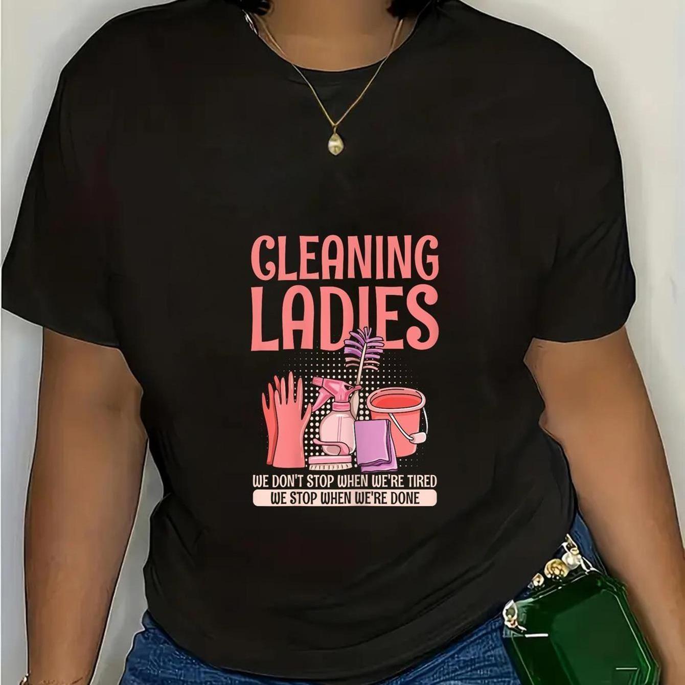 TEMU T-shirt décontracté unisexe imprimé ( sur les femmes de ménage avec de nettoyage colorées) – Noir, manches courtes, col ras du cou, style d'été,