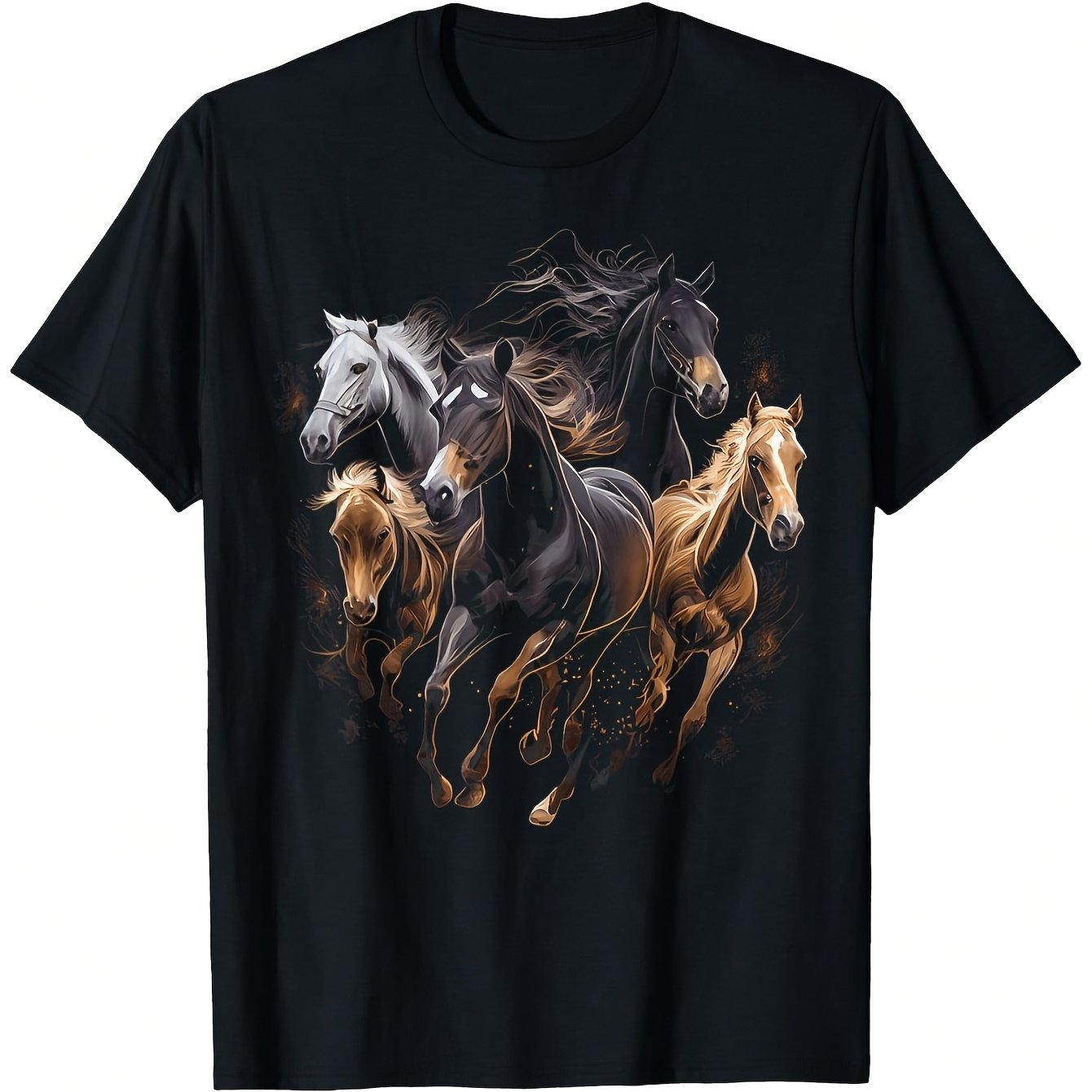 TEMU T-shirt Chevaux au – Motif de Cheval sur T-shirt Noir à Manches Courtes et Col Ras du Cou Style Été, Décontracté Unisexe, Coupe Décontractée |