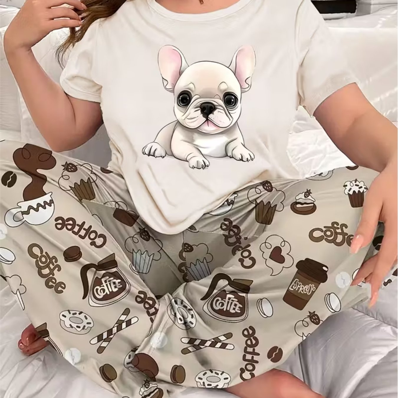 TEMU T-shirt Femme Imprimé Français Motif Chiot Os Manches Courtes Haut Col Rond Blouse d'Été pour Amoureux des Chiens Cadeau d'Anniversaire Tenue