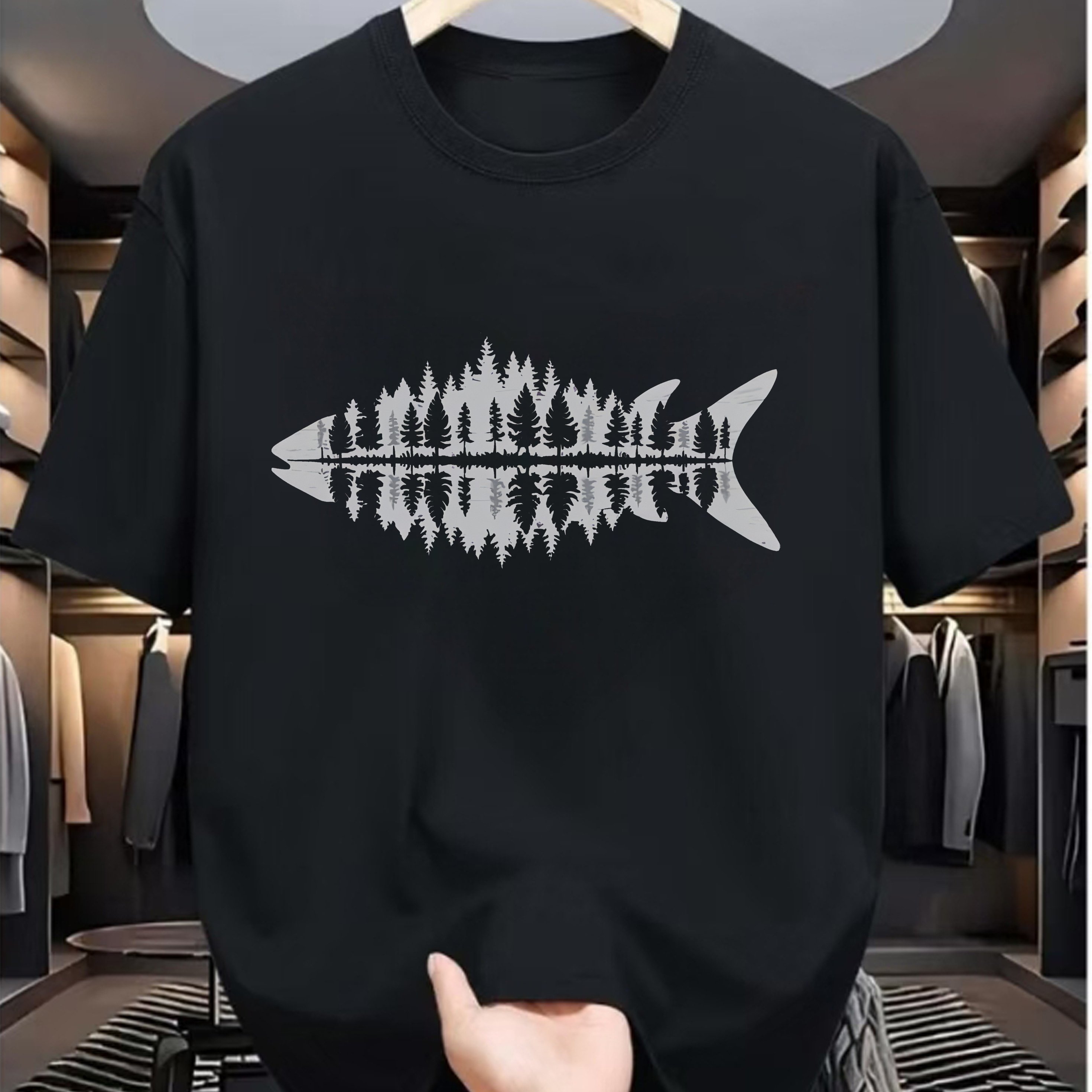TEMU T-shirt Graphique Tendance Unisexe (Motif de Poisson et de Forêt) – Noir à Manches Courtes et Col Ras du Cou, Ambiance , pour l', Coupe