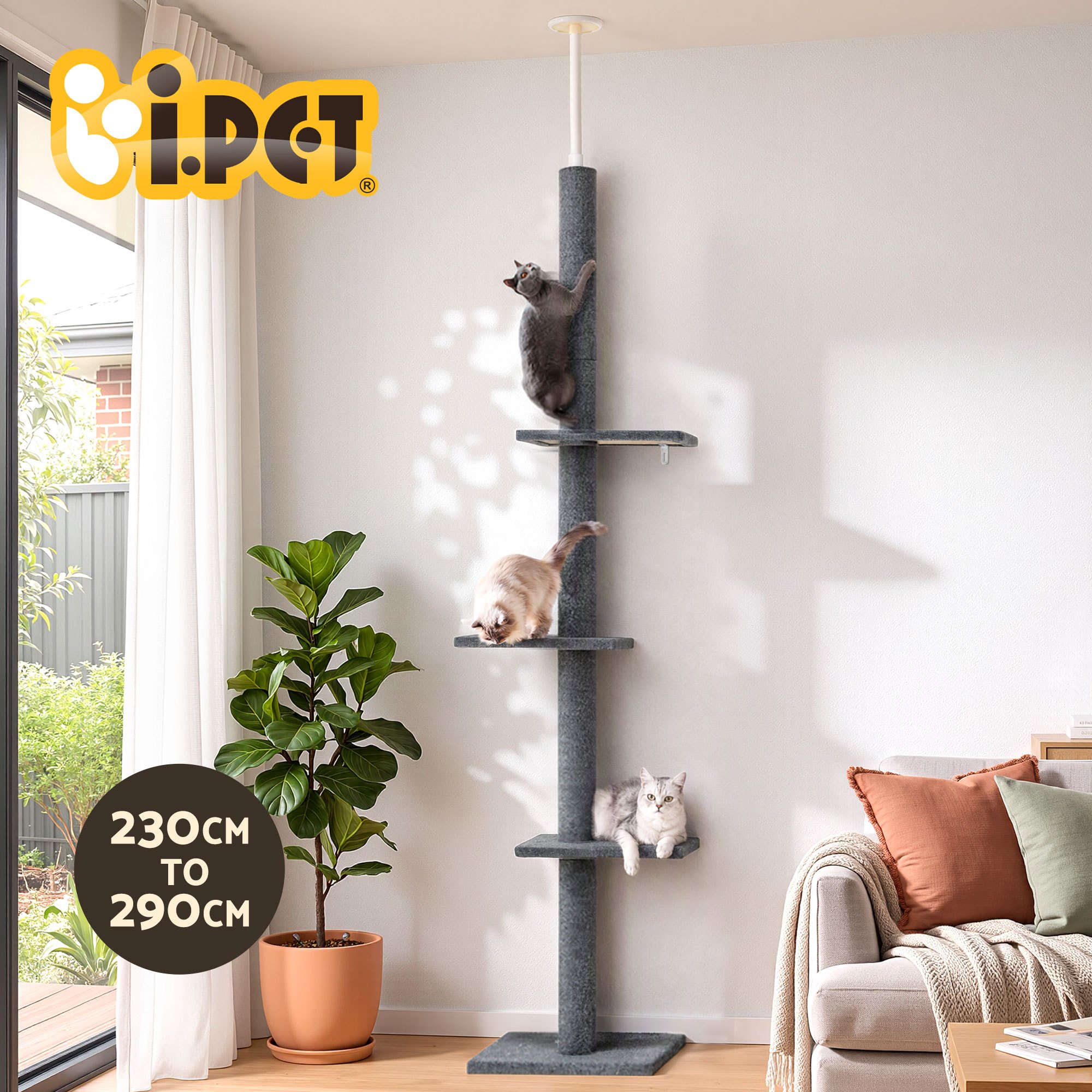 TEMU Cat Tree 290cm Tower Scratching Post Scratcher Floor To Ceiling Cats Bed Grey