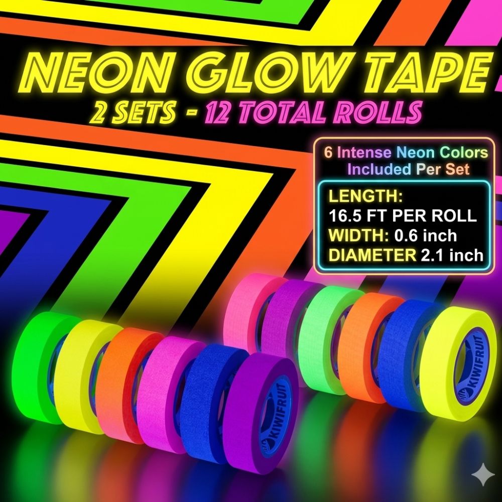 TEMU 12 Rolls Uv Blacklight Reactive Neon Tape Set, 2 Packs 6 Colors Fluorescent Cloth Tape, No Residue, Bright Party Decor For Kids Parties, Glow