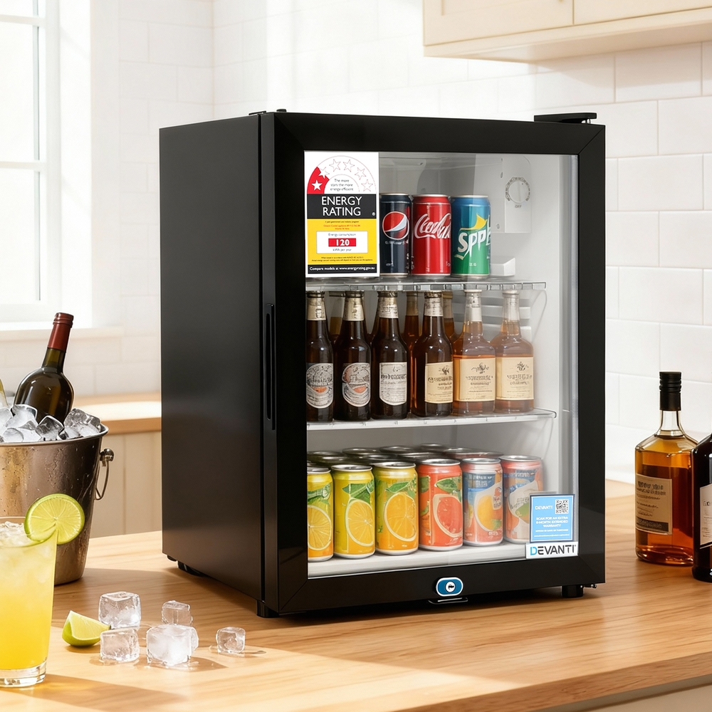 in front of 56l bar fridge glass door mini fridge countertop cooler black