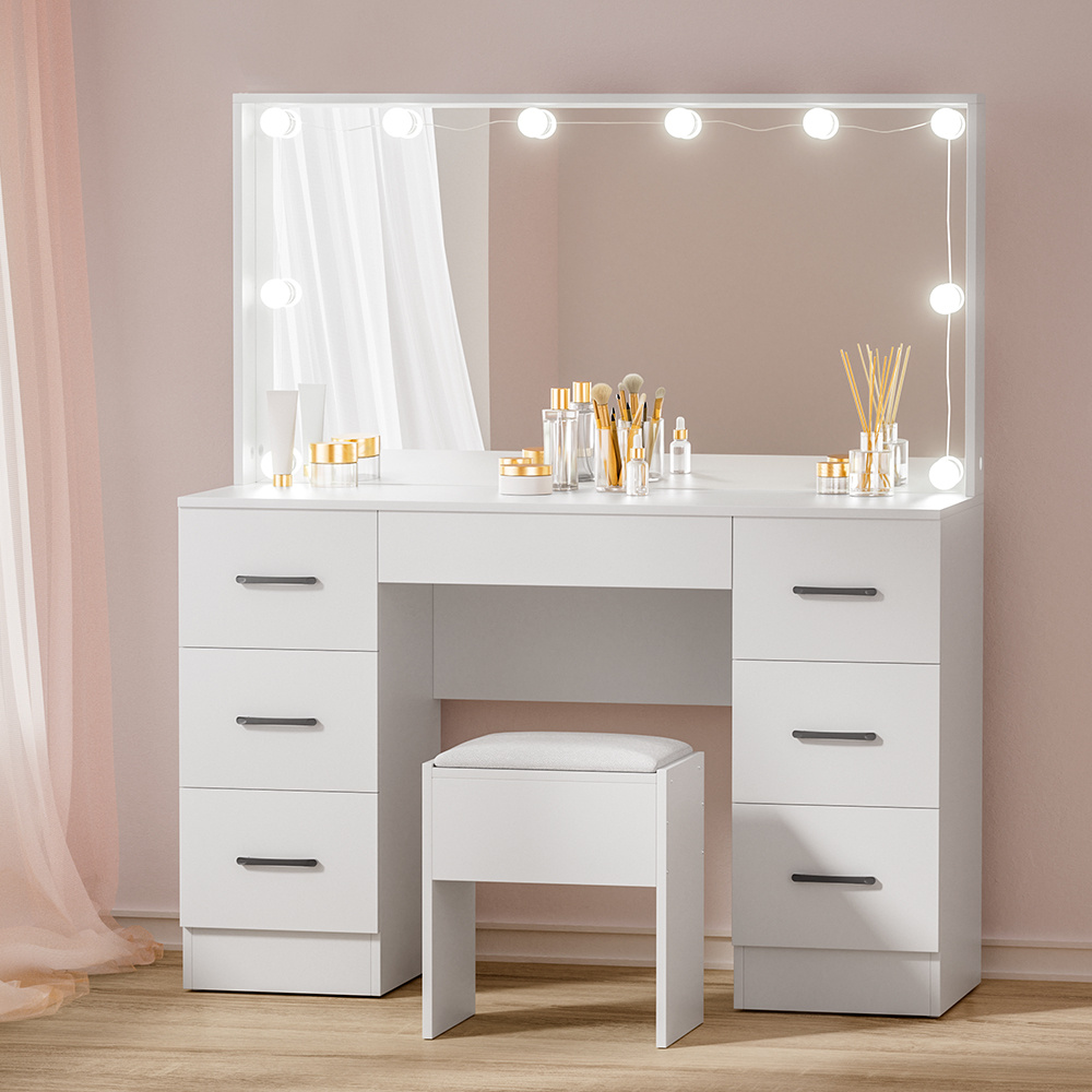 TEMU Artiss Dressing Table Led Makeup Mirror Stool Set Vanity Desk 10 Bulbs White