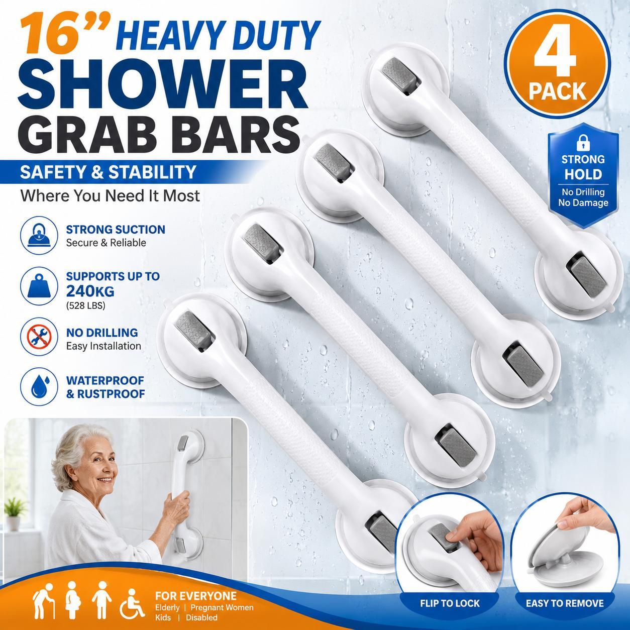 TEMU 4 Pack 16 Inch Heavy Duty Suction Cup Shower Grab Bars, Gray Textured Plastic Bathtub Safety Handles, No Drill Removable Bathroom Rails For