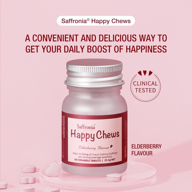 Unichi Saffronia Happy Chews, Saffron Supplement for Mood Balance Support, Elderberry Flavour, 60 Tablets