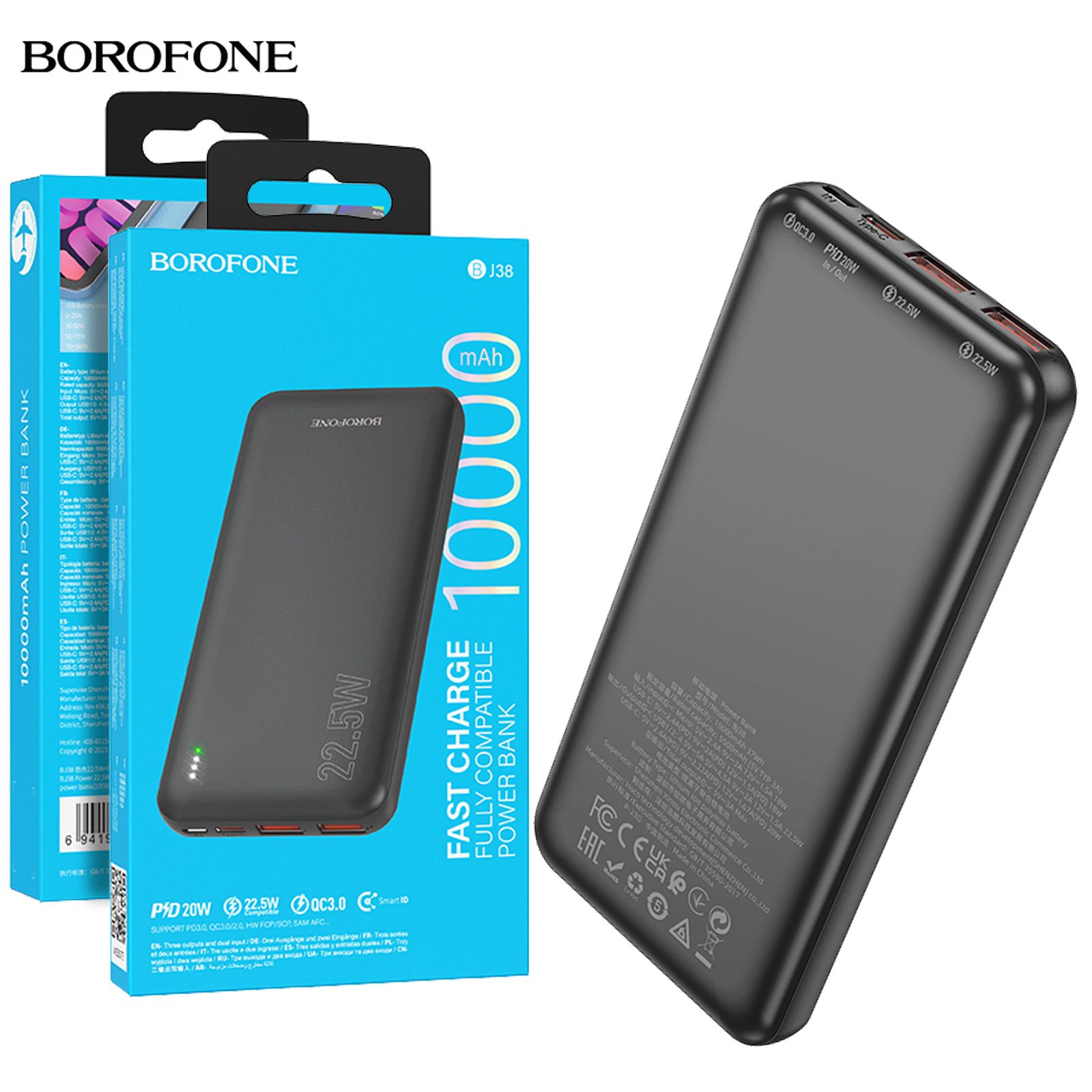 TEMU Borofone Bj38 10000mah 22.5w Compatible Pd20w Fast Charging Portable High Speed Charger 4 Ports (2 Usb Usb Type C +1 Micro Usb) Portable Power