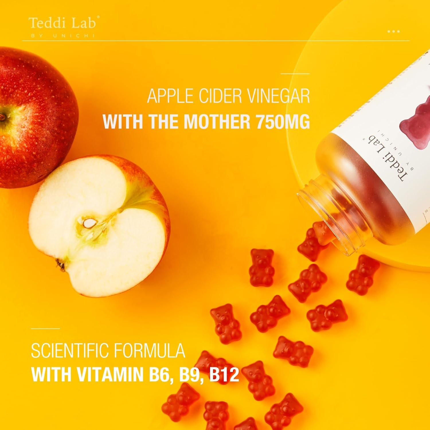 Unichi Apple Cider Vinegar Gummy with The Mother, Formulated with Vitamin B6, B9, B12，Super Tasty Apple and Lemon Flavour, 60 Count