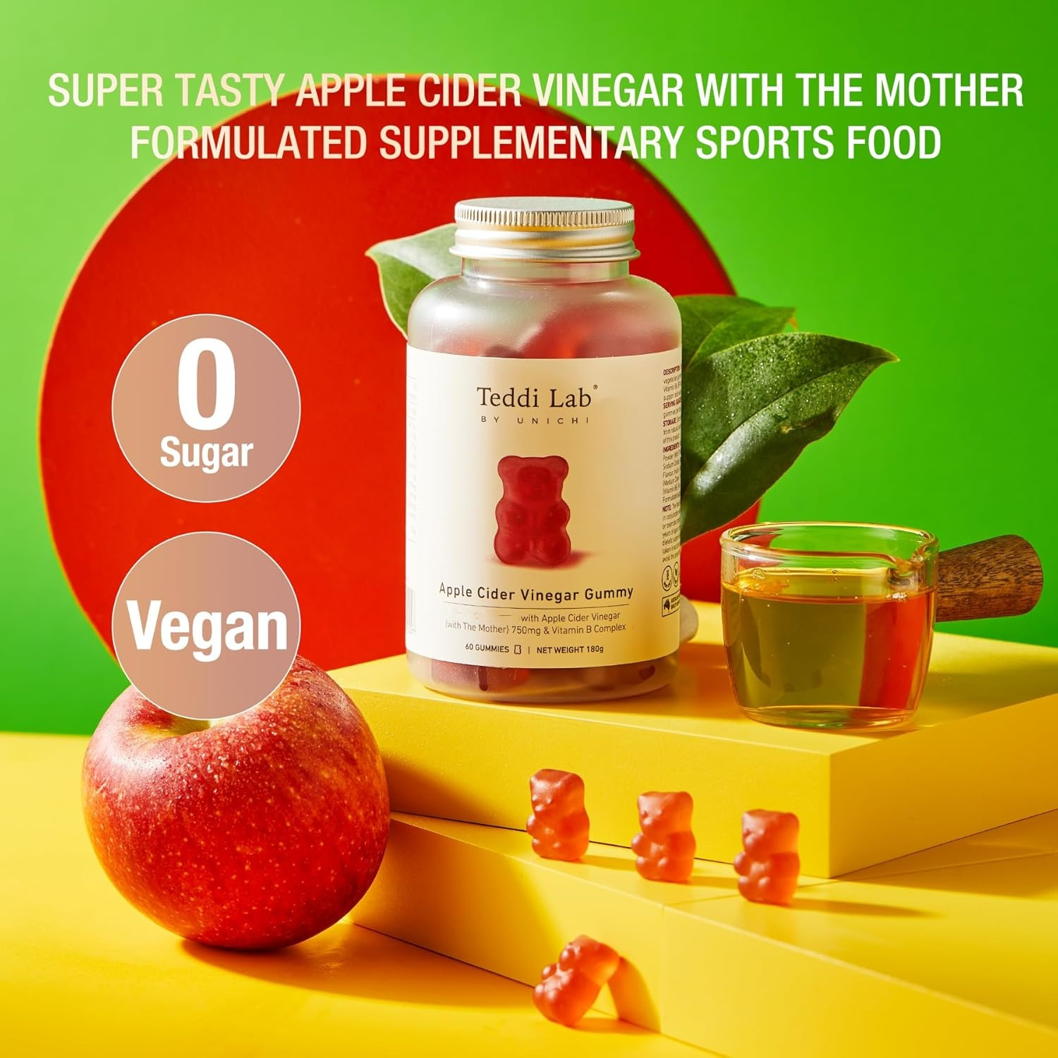 Unichi Apple Cider Vinegar Gummy with The Mother, Formulated with Vitamin B6, B9, B12，Super Tasty Apple and Lemon Flavour, 60 Count